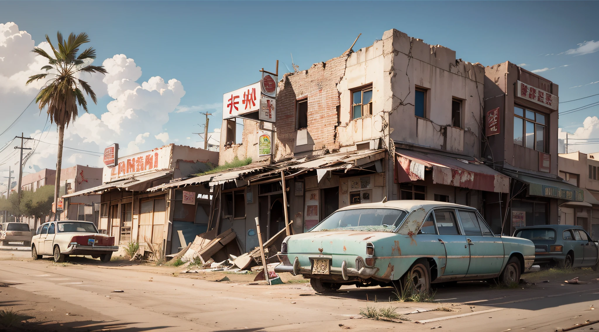 Desert abandoned city with weathering buildings, convenience stores, traffic lights and abandoned cars、Photorealsitic、Masterpiece、realisitic