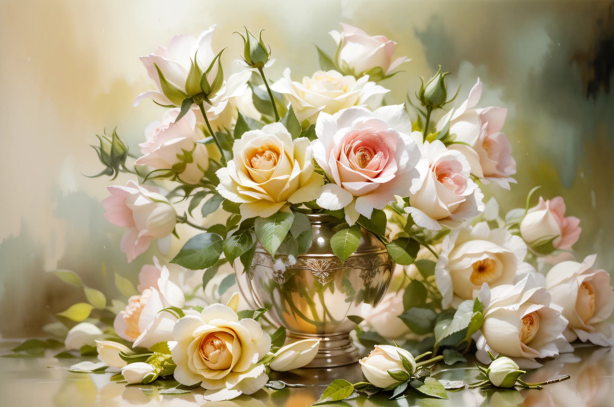 Beautiful and gorgeous Tea Roses & Buds as shown, a Masterpiece composition, Aquarell, stil Jean Baptiste Monge, Willem Haenraets