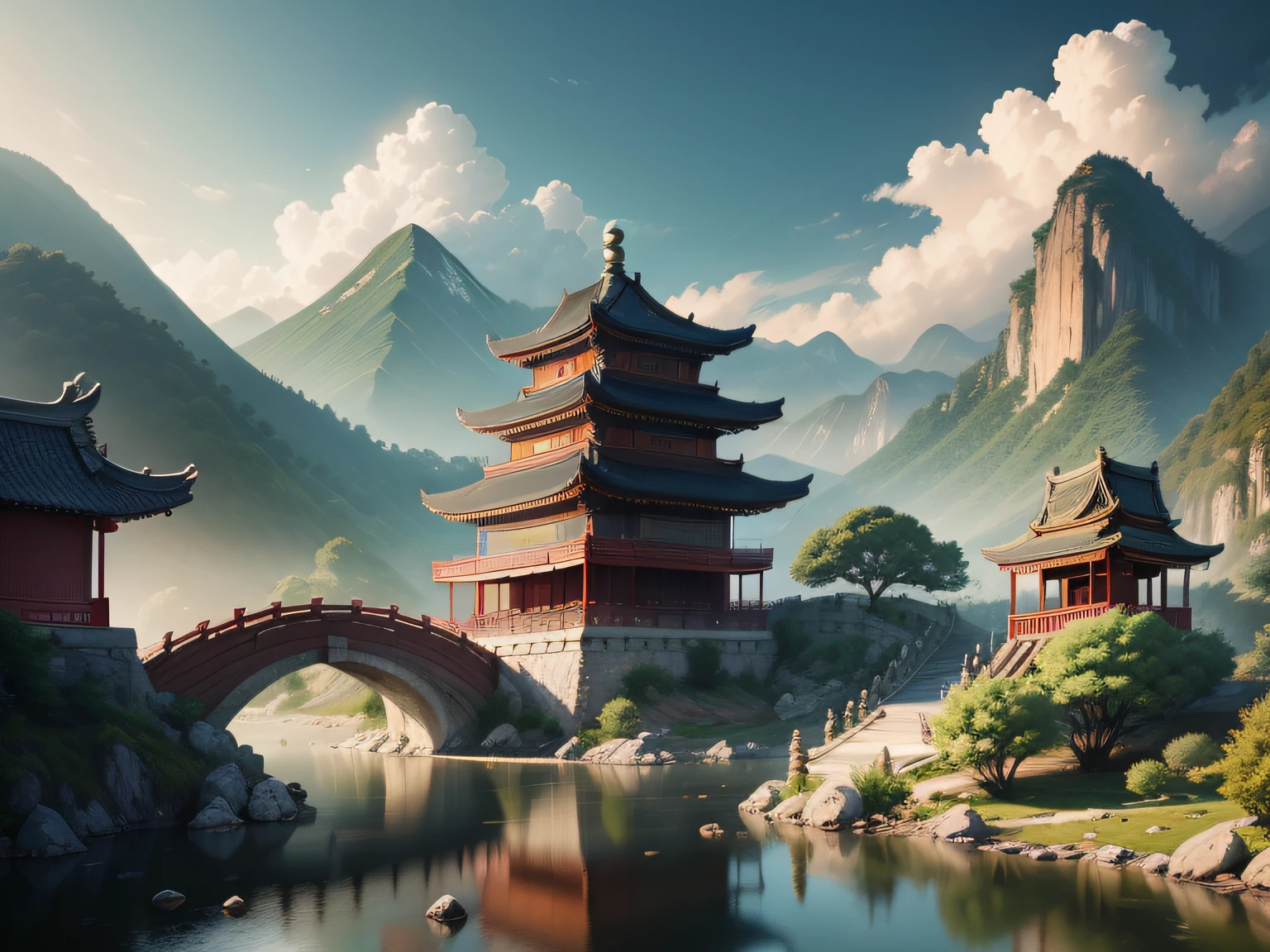 Chinese style buildings in the mountains (by Artist Anna Dittman:1), (((Masterpiece))), (((Best quality))), ((Ultra-detailed)),(Detailed light),((An extremely delicate and beautiful))An ancient Chinese painting, ancient chinese background, mountain ranges, rios, Auspicious clouds, Pavilions, rays of sunshine, tmasterpiece, super detailing, Epic composition, hyper HD, high qulity, extremely detaile, offcial art, 统一 8k 壁纸, super detailing, 32k -- v 6