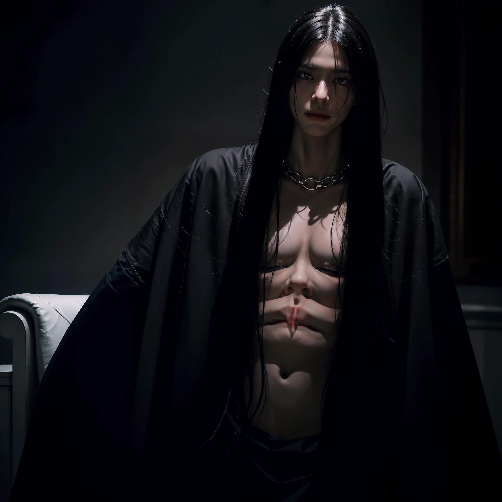 dark fantasy, young man with full black alien eyes and long silver shine hair, massive necklace around the neck, angey emotions, antagonist, red monastic robes, dark background