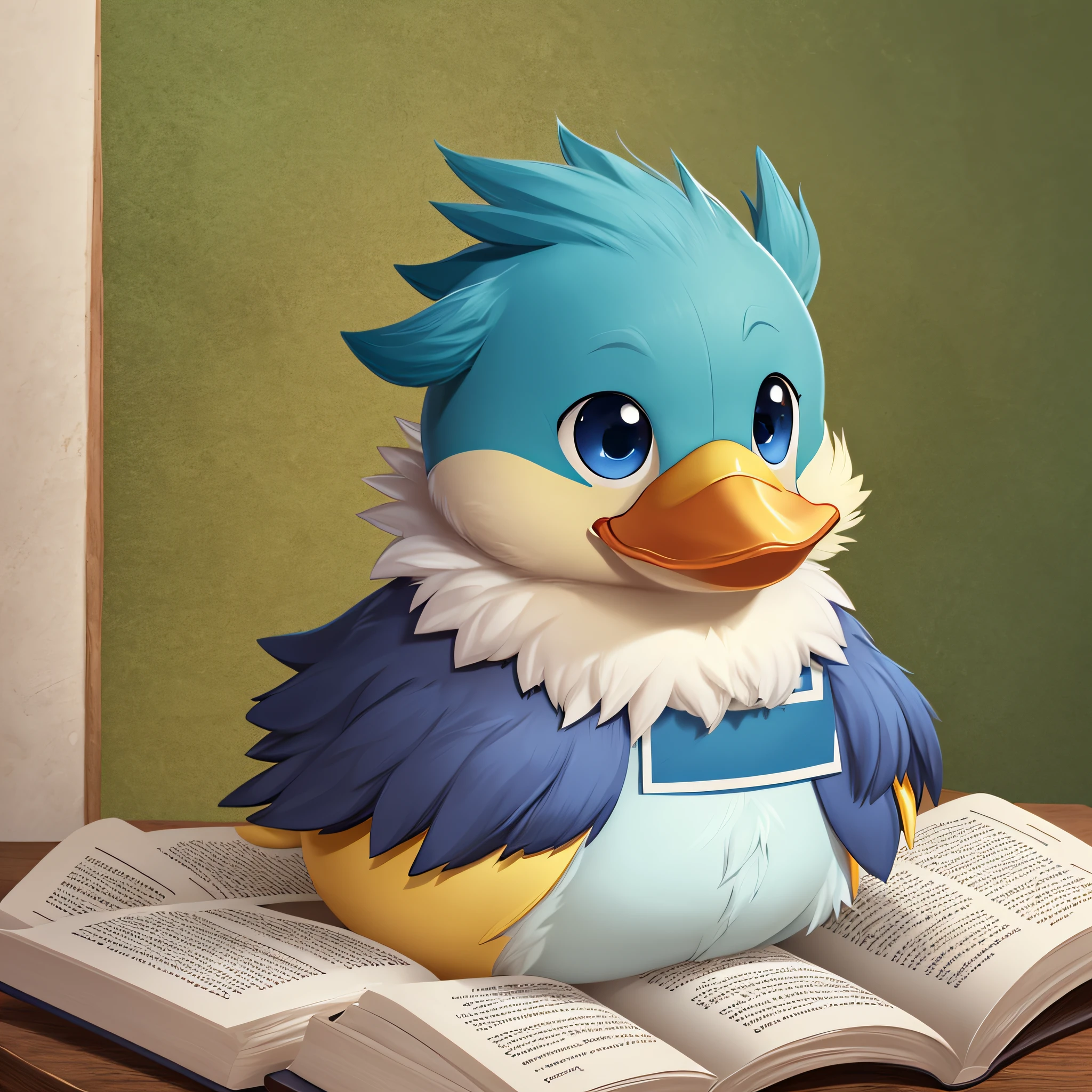 there is a duck wearing a graduation gown, reading a book, the cute anthropomorphic duck, the duck has blue fur, 2 d cg, closeup portrait, the duck is chubby, animated style, 2023 4k --auto --s2