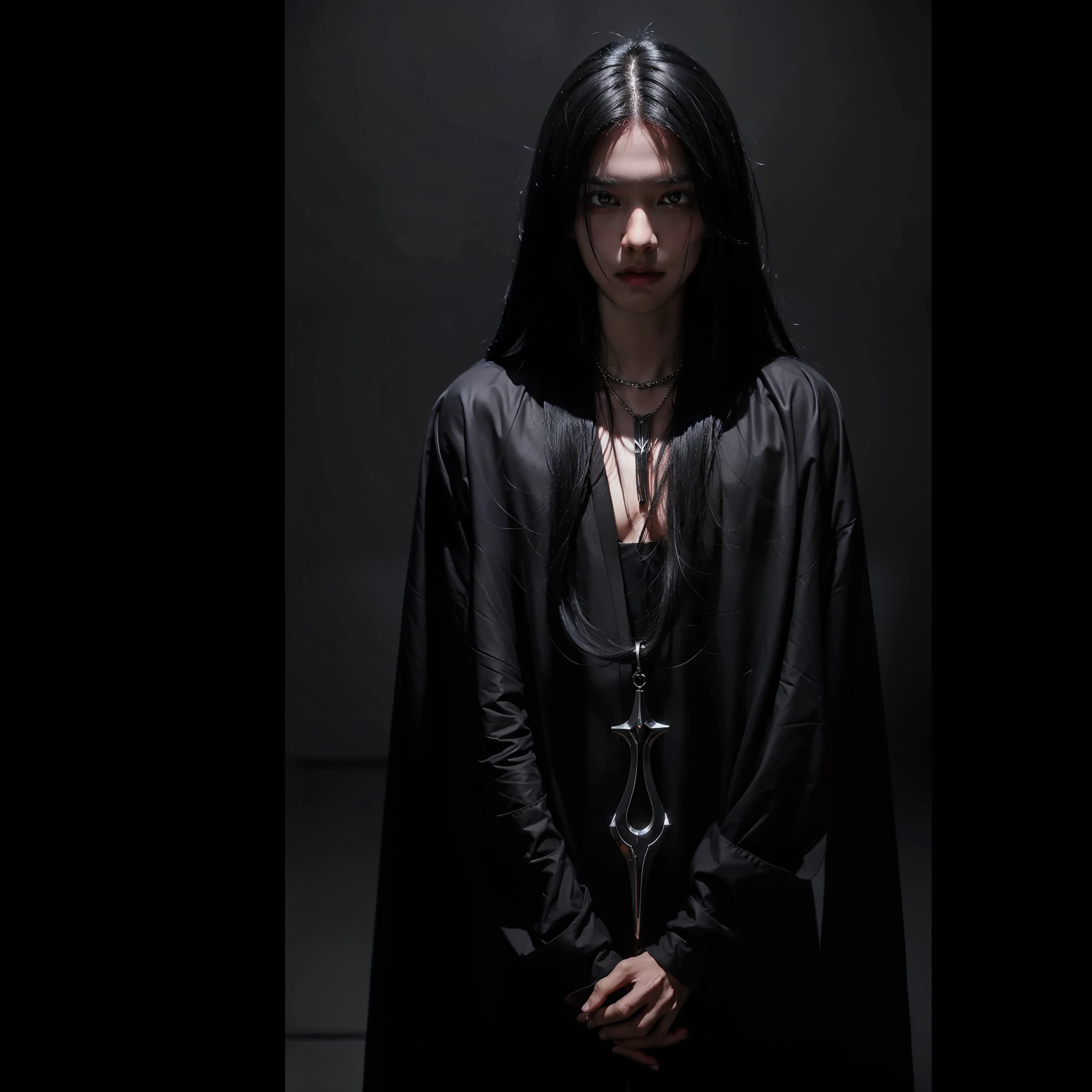 dark fantasy, young man with full black alien eyes and long silver shine hair, massive necklace around the neck, angey emotions, antagonist, red monastic robes, dark background