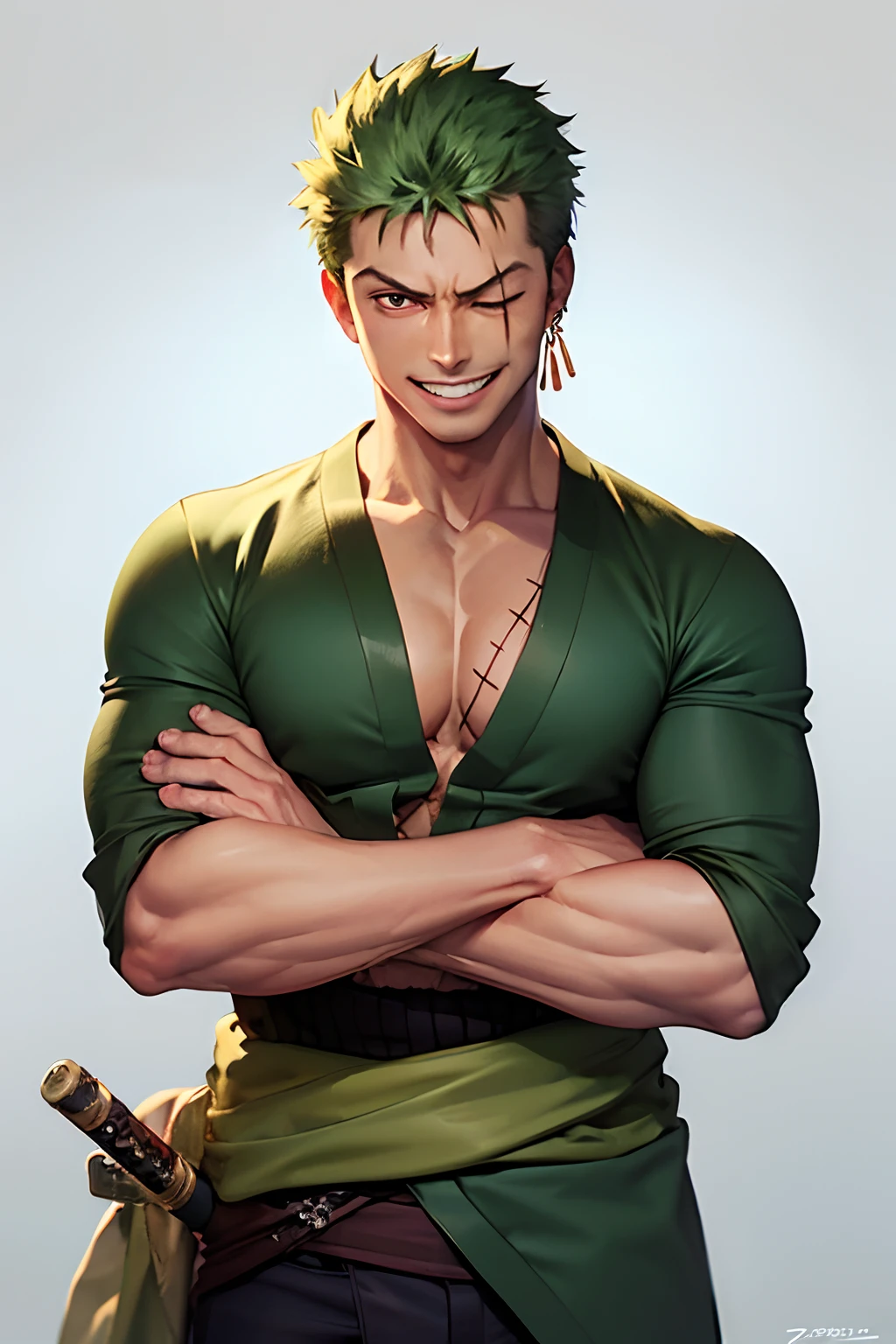 (masterpiece, best quality:1.2), cowboy shot, solo, male focus, 1boy, roronoa zoro, scar, muscular male, grin, looking at viewer, one eye closed, scar across eye, crossed arms, japanese clothes, green kimono