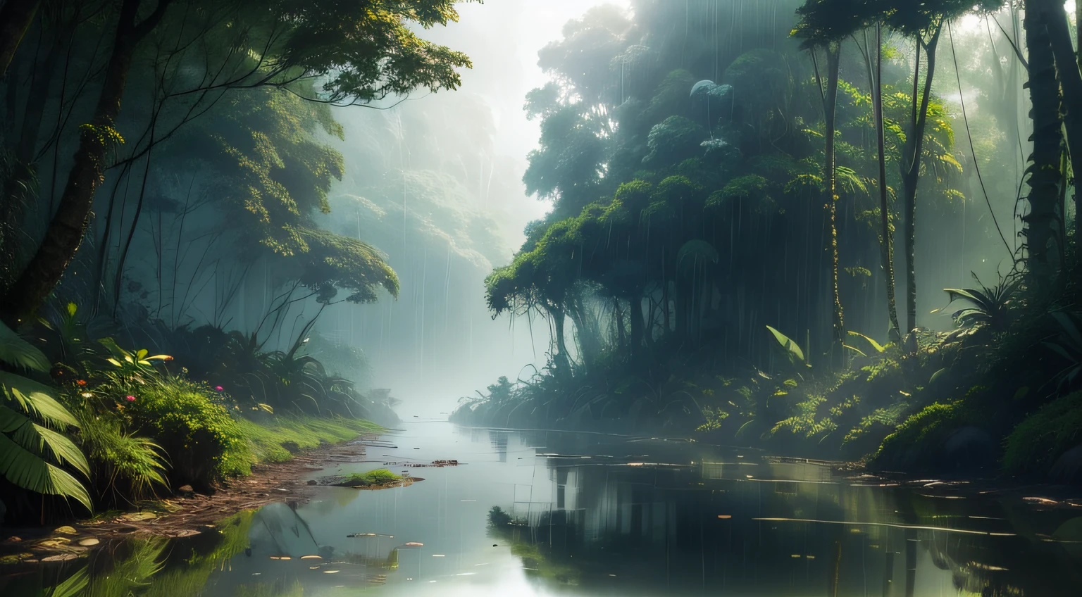 rainforests，vegetation，river water，rainy sky，rios，Water surface reflection，waterfallr，dark cloude，NOhumans，photorealestic，Light，water fog