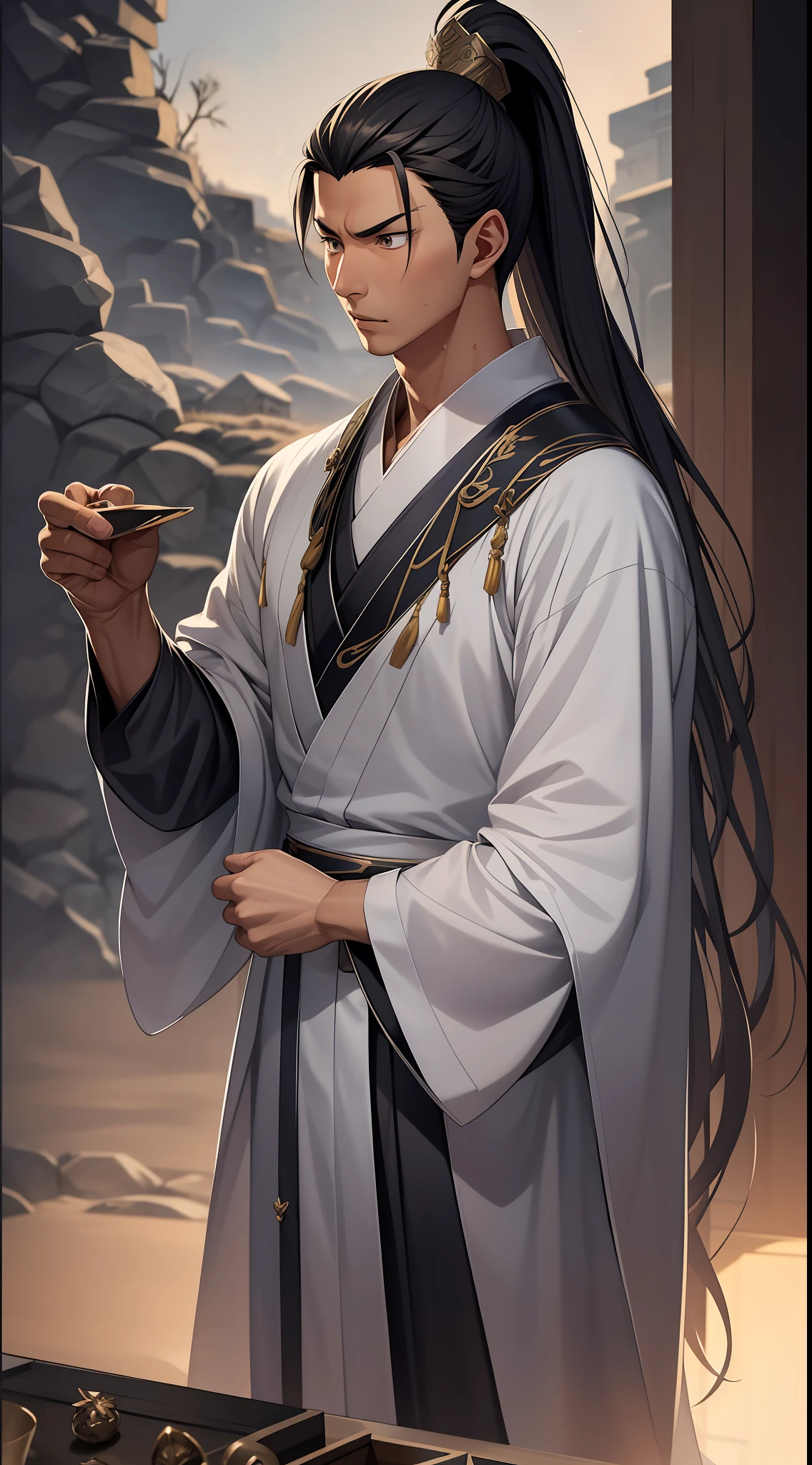 quadratic element，style of anime，mtu（Male Warrior），The proportions are correct，Face details，swordsmen，High ponytail hairstyle，Neck details，There is an Adam's apple，Black Hanfu，kaftan，black toga，clothes details，Handing over，longer sleeves，Game quality，Swordsmanship，Light and shadow tracking，Ray traching，detailed glow，cg render，hair detail，cabelos preto e longos，Black ㇏ eyes，Handsome，Handsome，（juvenile sense），Clothing is complicated，Perfectcomposition，Refinement，high qulity，higher details，Lots of details，The background is complex，a sense of atmosphere，