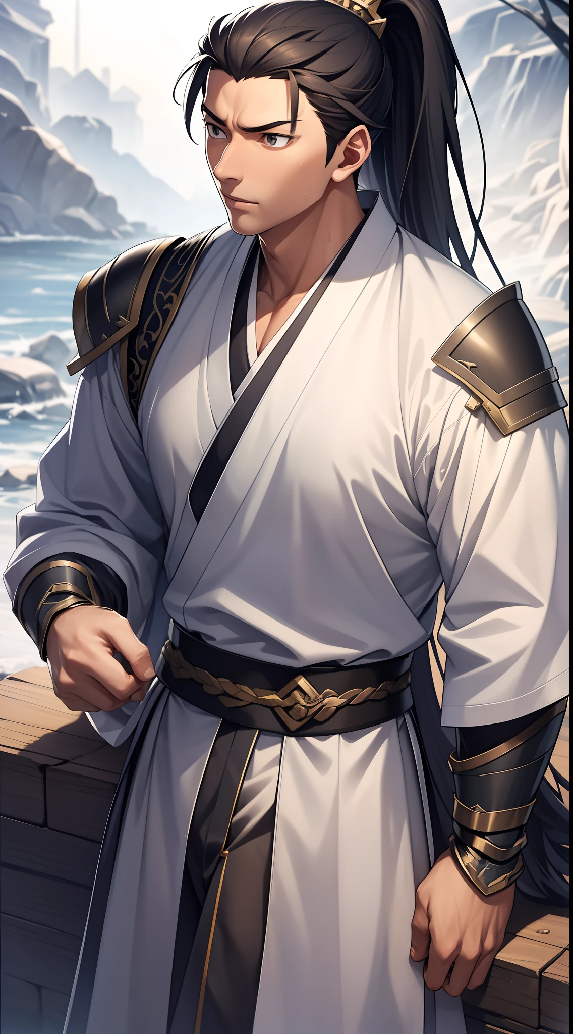 quadratic element,style of anime,mtu(Male Warrior),The proportions are correct,Face details,swordsmen,High ponytail hairstyle,Neck details,There is an Adam's apple,Black Hanfu,kaftan,black toga,clothes details,Handing over,longer sleeves,Game quality,Swordsmanship,Light and shadow tracking,Ray traching,detailed glow,cg render,hair detail,cabelos preto e longos,Black ㇏ eyes,Handsome,Handsome,(juvenile sense),Clothing is complicated,Perfectcomposition,Refinement,high qulity,higher details,Lots of details,The background is complex,a sense of atmosphere,