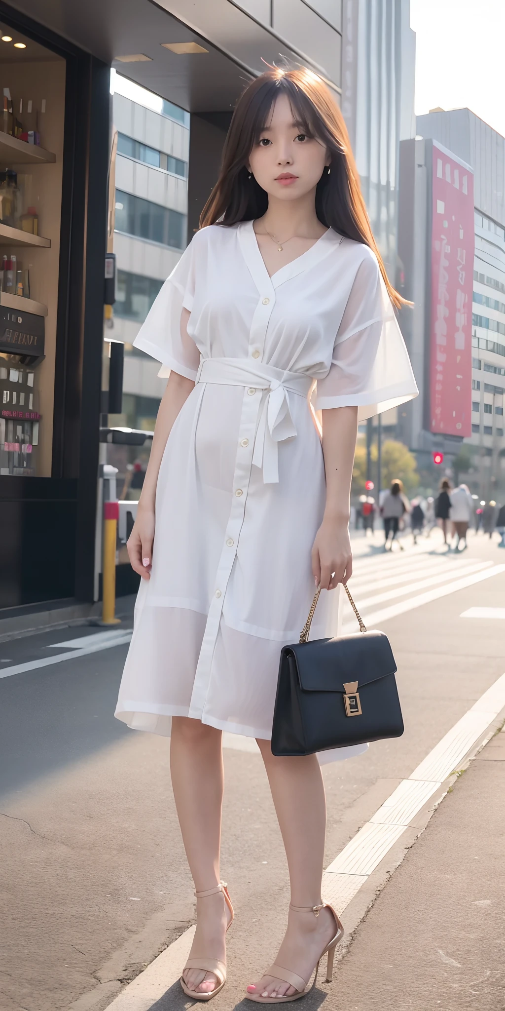 mix4, 20d, solo, long_hair, shirt, dress, high_heels,full_body, look_at_viewer, (8k, RAW Photos, top-quality, ​masterpiece:1.2), (reallistic, Photorealsitic:1.37), Professional Writing, photon maping, Radio City,physically-based renderingt、realisitic、background japan　In front of the castle