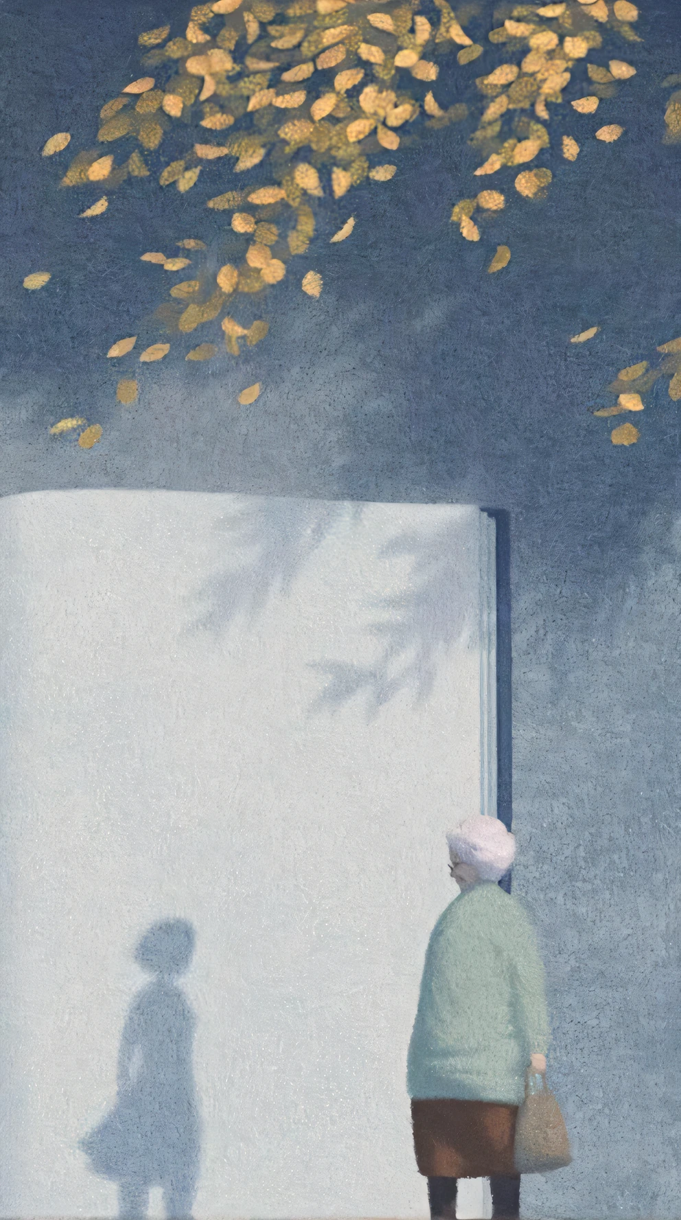 Draw a woman standing in front of a book,Leaves fall from the book, illustration!, blurry and dreamy illustration, blurry and dreamy illustration, author:Lee Jeon-suk, by Atey Ghailan, author:Cheng Jiasui, author:Zhang Shengqi, book illustrations, author:Mei Qing, author:Xia Chang, author:Kikukawa Sakaeyama, dreamlike illustration
