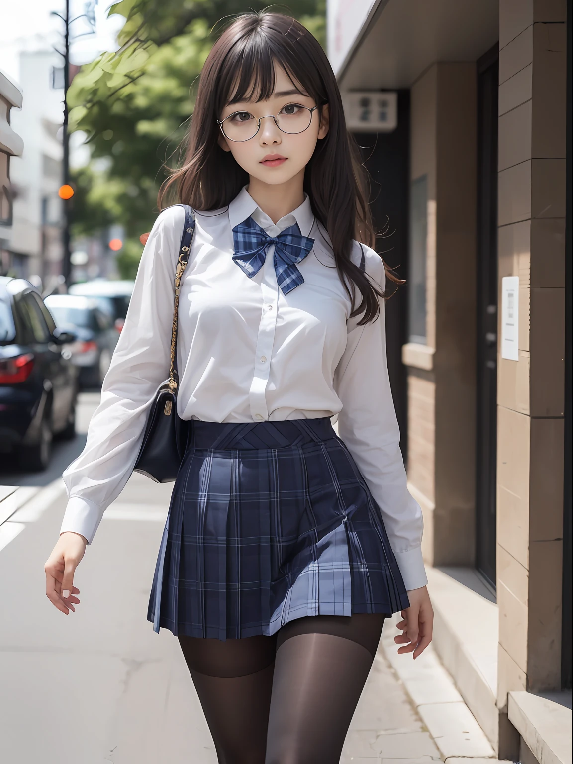 (half up),(Underwear is visible),(8K、Raw photography、top-quality、masterpiece:1.2),pigeon chest,glamor,Chromo-white skin,cocky,School,watching at viewers,Looking at the front,Muchimuchi,Erotic,Pupils,de pele branca,kne,Student Bag((Black pantyhose)),absurderes,a small face,small tits,flat breast,Forehead visible,Bangs hanging from the left and right sides of the forehead,(a cold expression,Tight eyes,glares,Bullish,skinny,Rasping,irate)、masterpiece,top-quality、超A high resolution,Raw photo,ren,Beautiful fece,One Person, 独奏,eye glass,,Dark look,Small breasts,fullllbody,Round glasses,JK school uniform,hi-school girl,A Japanese Lady,is standing,(Photorealsitic:1.37)、Photon mapping,Realistic、Beautie,Cute little face,Brown-eyed、Black socks、(Red bow tie)、Radio City、Physically Based Rendering、depth of fields、Blurry background、a picture,Body,beauty legs, Long legs, Thin leg,(Bangs are visible), hair, s lips, Blue_The eye, nosesoft,(Light blue shirt), (Navy and blue and white plaid pleated skirt), Knees are visible,Sheer clothing,, Thigh, Black cotton socks,Nogizaka Idol, 女優, Japanese ido