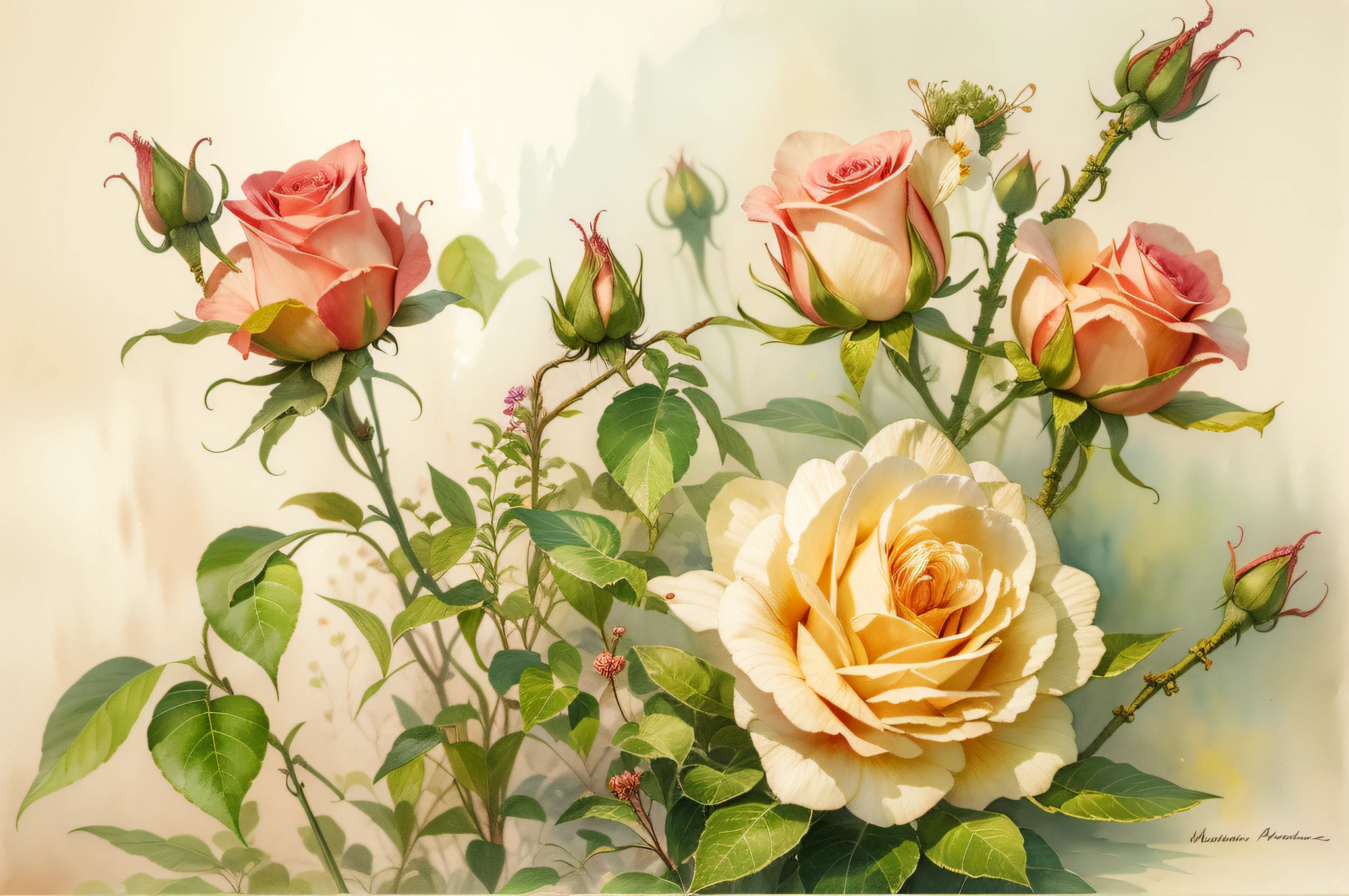 Beautiful and gorgeous tea roses & The buds are shown in the picture, Masterpiece composition, watercolor paiting, Jean Baptiste Monge, William Heinretz