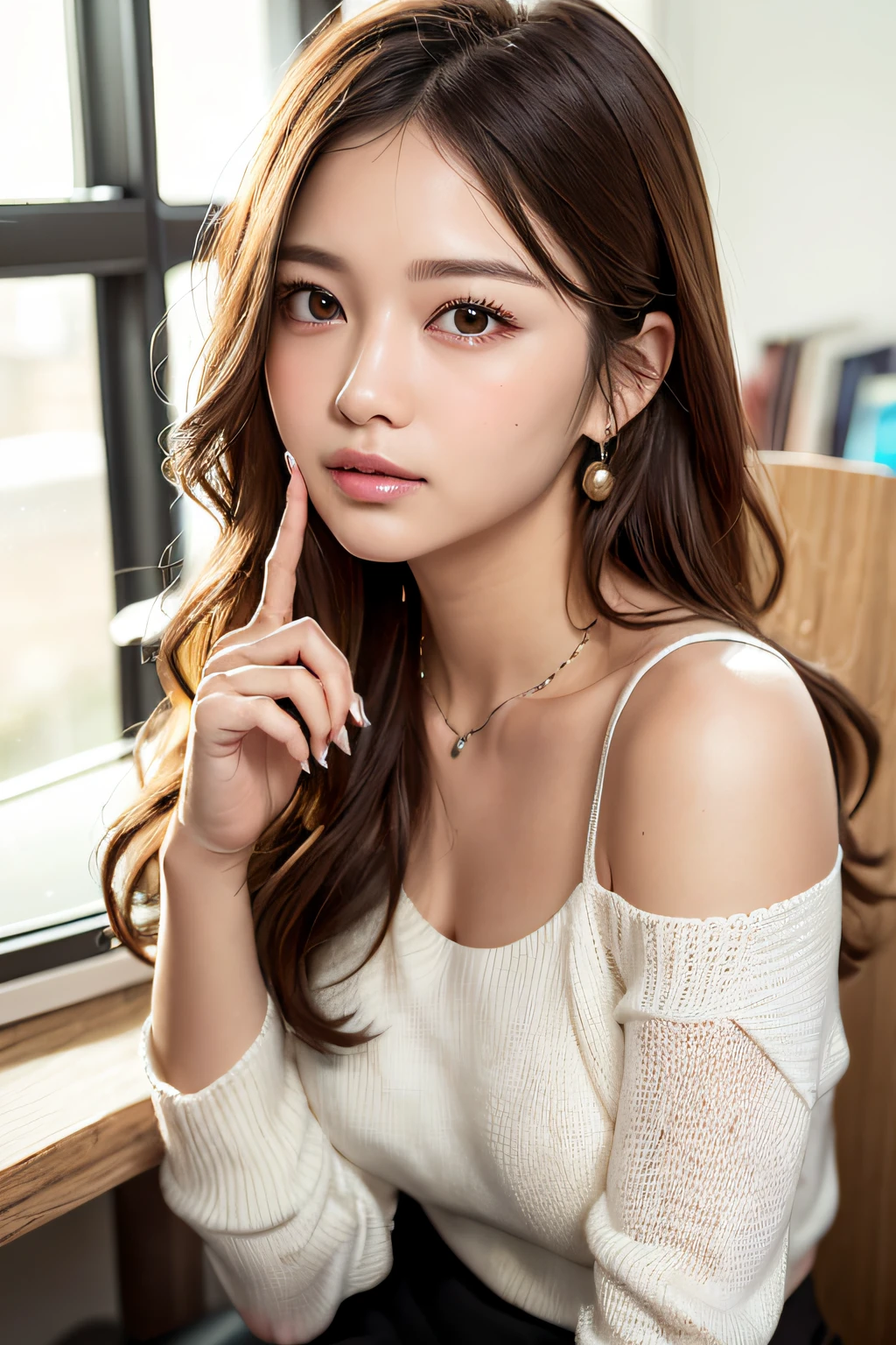 A Classy and Cute girl, {wearing a classy (white) knit sweater}, {(black) (long) ruffled skirt}, close the button, (hang one's employee ID card from one's neck),
Detailed eyes, symmetric eyes, Light Brown eyes, Double eyelids, Thin eyebrows, Glossy lips, (gently smile:1.2),
medium large breasts, (slender figure:1.1), firm abs, beautiful clavicle,
(Dark blonde hair, wavy hair, long hair), (asymmetrical bangs), (looking sideway at viewer:1.2), (Focus on profile1.2)
BREAK,
Sitting, ((Bring index finger of one hand close to the Nose:1.3)), inside the office desk, (neat and tidy desk),
in the stylish office at night, ((Full body shot:1.2)), (from side),
BREAK,
(masterpiece:1.3), realistic, photo-realistic, RAW photo, beautiful detailed face, pale skin, realistic glistening skin, detailed cloth texture, detailed hair texture, Perfect body, Beautiful Face, accurate, Anatomically correct, Highly detailed face and skin texture, natural neck length, (beautiful hands), (fair skin:1.2), Thin legs, Thin feet,