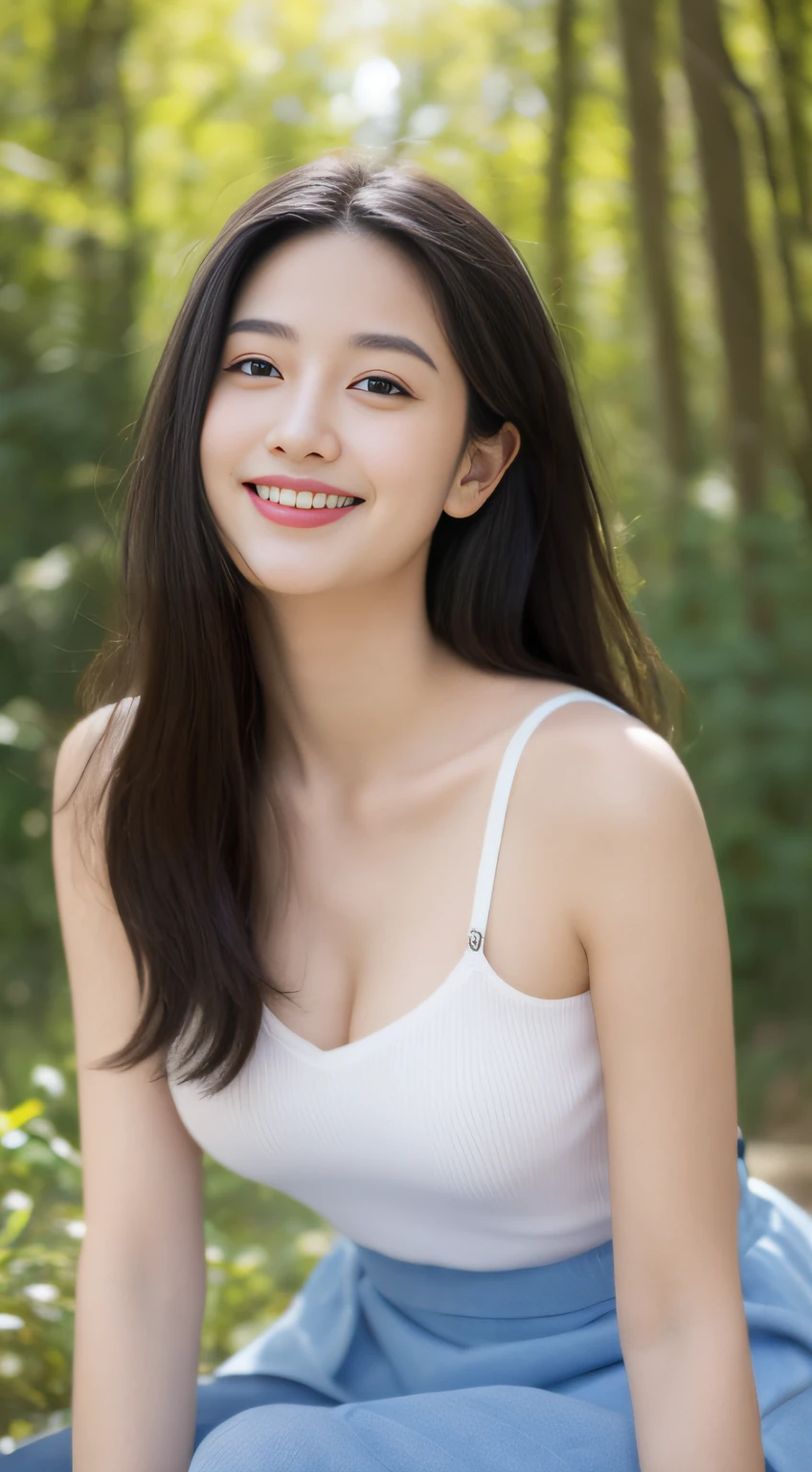 A beautiful and cute girl, full body photograph, extremely beautiful and delicate, Black hair, sweet smile, delicate beautiful fair skin, realistic and realistic, Exquisite and perfect facial features, detailed facial portrayal, high nose bridge, flowing silky hair, extremely delicate hair, Soft temperament, D size breasts, face light, Tall, thin, Real, Hyper Real, full-body lens, Front tilt angle, ultimate picture quality, highest precision, accurate and perfect human body structure. The blue sky and white clouds, Sitting in the woods, The blue sky and white clouds, sunlights, (suspenders, mini-skirt) White panties are clearly visible, Messy hair, physical rendering, exquisite clavicle, large full breasts.