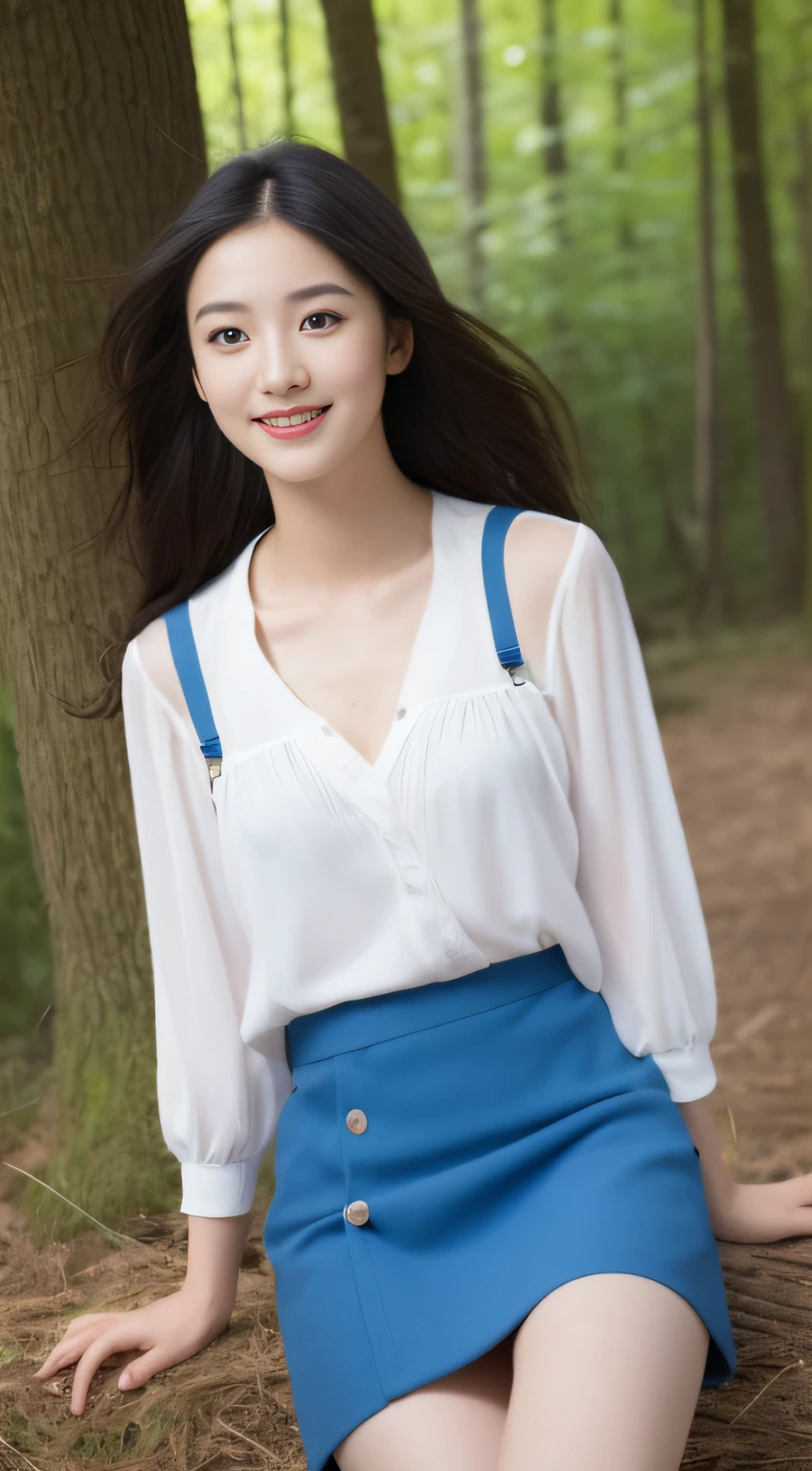A beautiful and cute girl, full body photograph, extremely beautiful and delicate, Black hair, sweet smile, delicate beautiful fair skin, realistic and realistic, Exquisite and perfect facial features, detailed facial portrayal, high nose bridge, flowing silky hair, extremely delicate hair, Soft temperament, D size breasts, face light, Tall, thin, Real, Hyper Real, full-body lens, Front tilt angle, ultimate picture quality, highest precision, accurate and perfect human body structure. The blue sky and white clouds, Sitting in the woods, The blue sky and white clouds, sunlights, (suspenders, mini-skirt) White panties are clearly visible, Messy hair, physical rendering, exquisite clavicle, large full breasts.