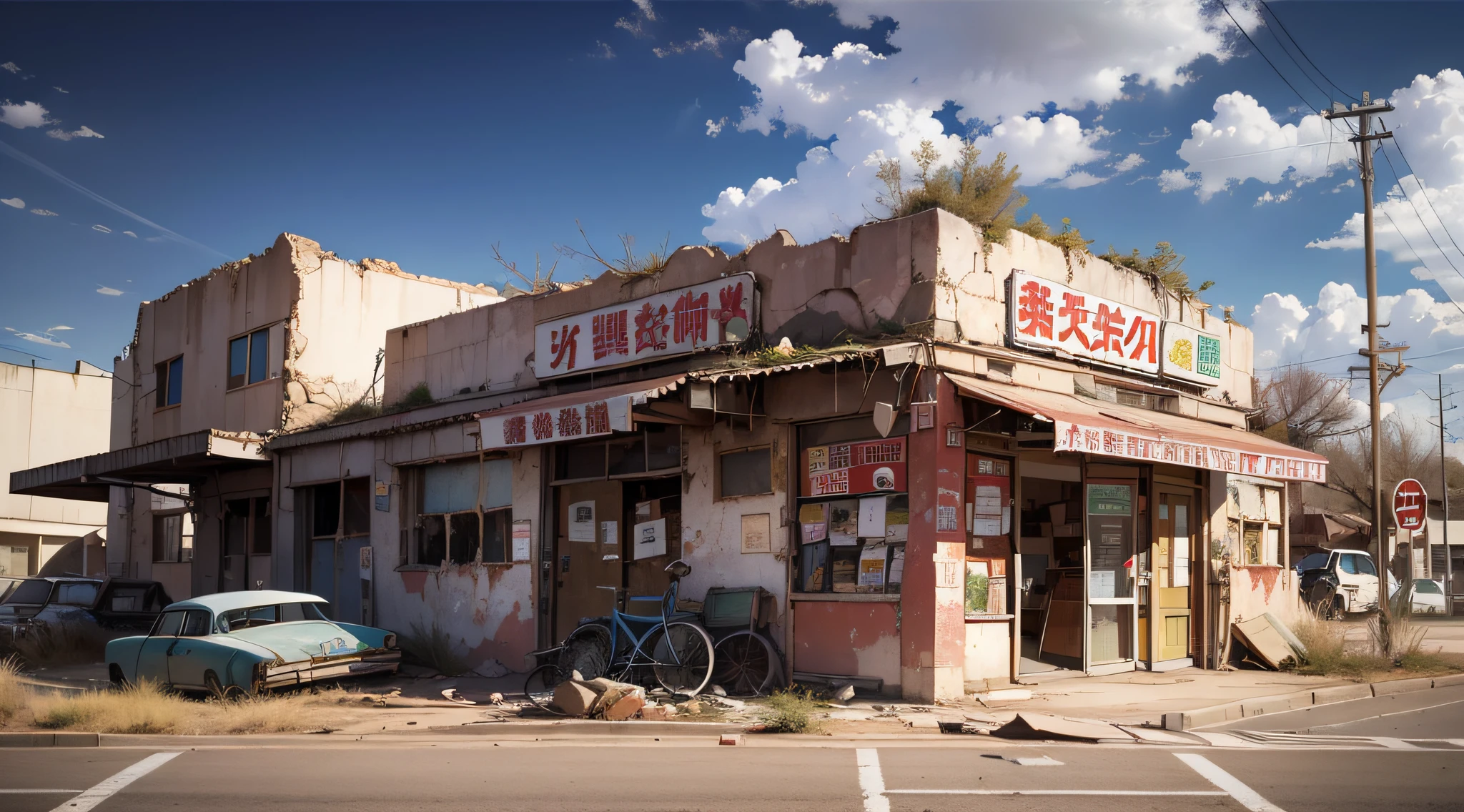 Desert abandoned city with weathering buildings, convenience stores, traffic lights and abandoned cars、Photorealsitic、Masterpiece、realisitic
