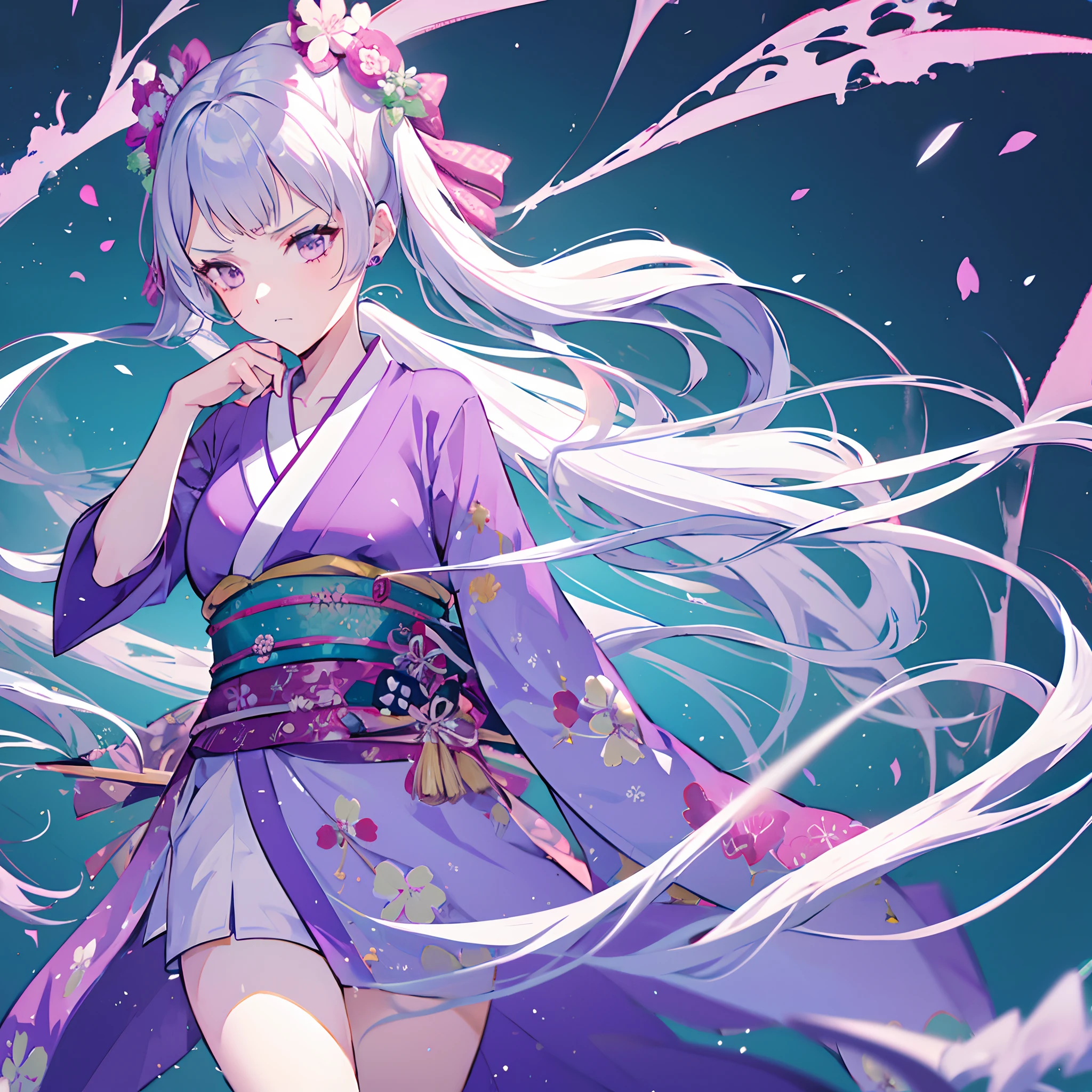 1 girl, Noelle_Silva, tsunami background, Loose hair, Kimono with clover design, cold demeanor, elegant