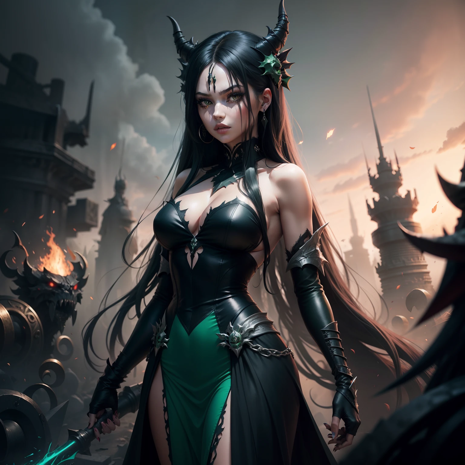 Poison Eve, green long dress, black long hair, with chaos and ready for battle