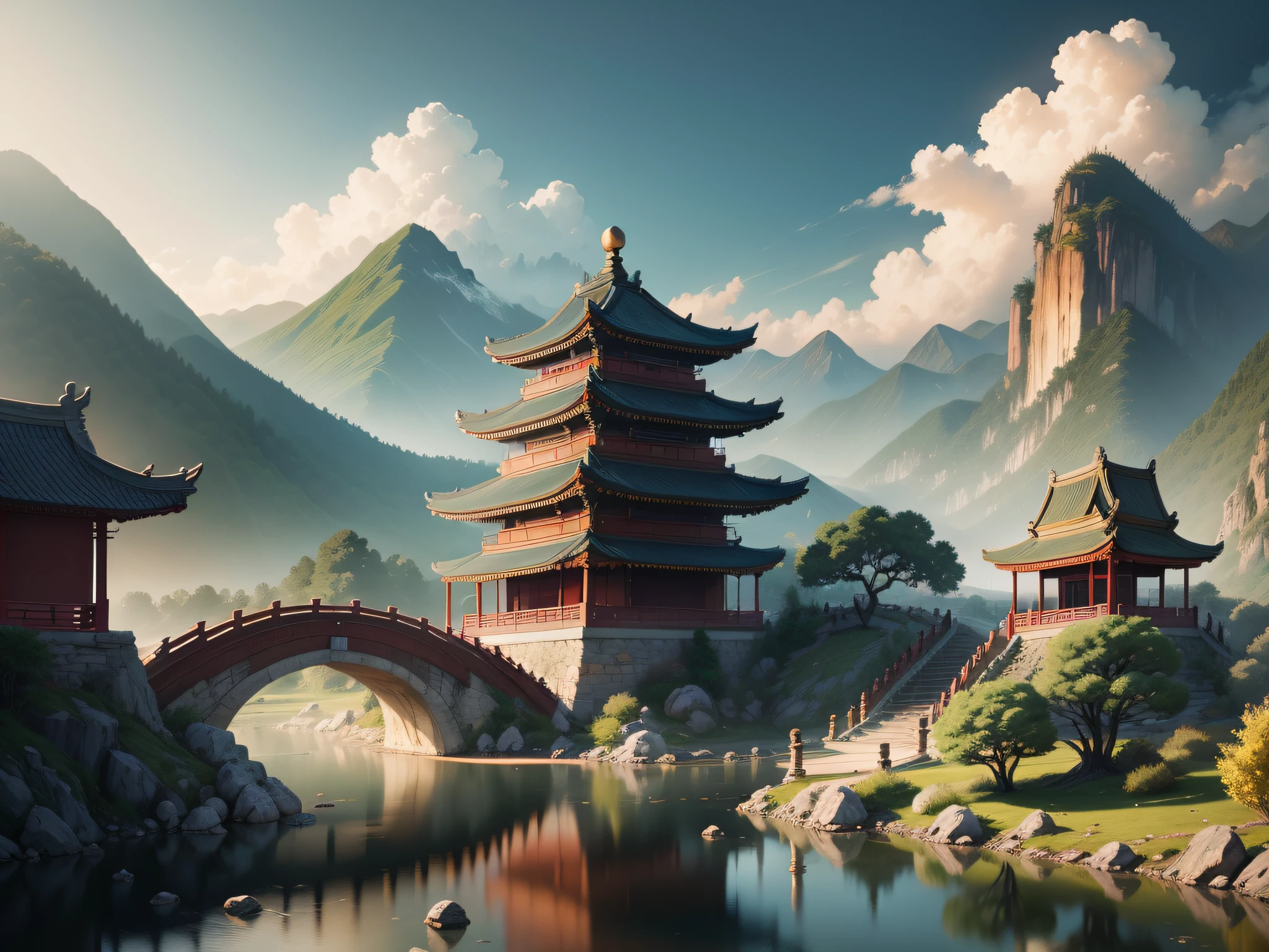 Ancient Chinese scenery, mountains, rivers, auspicious clouds, pavilions, sunshine, masterpieces, super detail, epic composition, Ultra HD, high quality, extremely detailed, official art, unified 8k wallpaper, Super detail, 32k -- v 6
