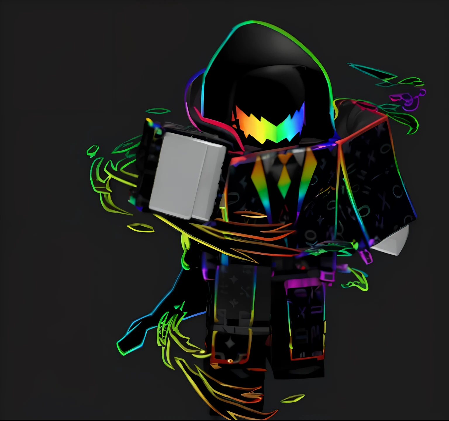 a close up of a person in a hoodie holding a book, roblox avatar, epic art style, dark rainbow nimbus, super glitched, chromatic skin, profile picture 1024px, fvckrender, pitchblack skin, rainbow caustic lighting, neon glitch, → ⃣ spectrum darkness prime, glitch shimmer, cyber universe style, black fire color reflected armor