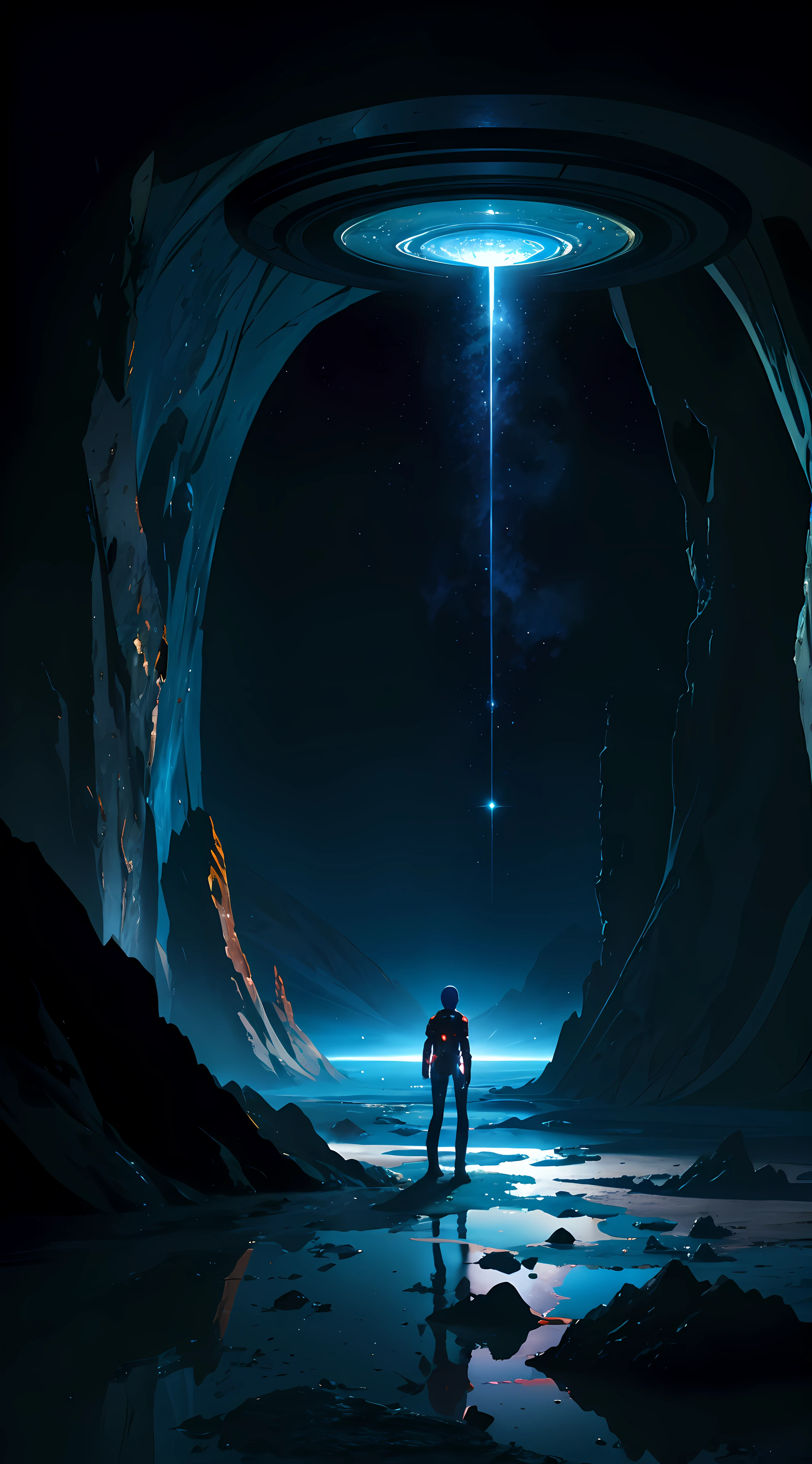 (masterpiece), (best quality), (stunning digital art), science fiction scene, curious alien creature, exploring the depths of space, set in an alternate universe, standing on the surface of an exotic planet, near a mysterious dark hole, otherworldly landscape, vivid colors, intricate details, mesmerizing celestial phenomena, captivating lighting, evoking a sense of wonder and adventure