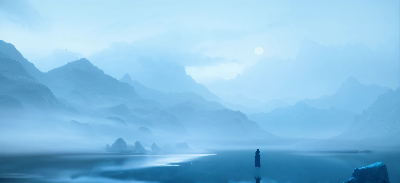 There was a man standing on a rock in the middle of the lake, matte digital painting, Cyan fog, cyan mist, serene illustration, Atmospheric. Digital painting, dreamlike digital painting, luminescent matte painting, dreamy matte painting, Theme :《Icewind Dale》, background artwork, peaceful scenery, calm evening. Digital illustration, in a vast serene landscape
