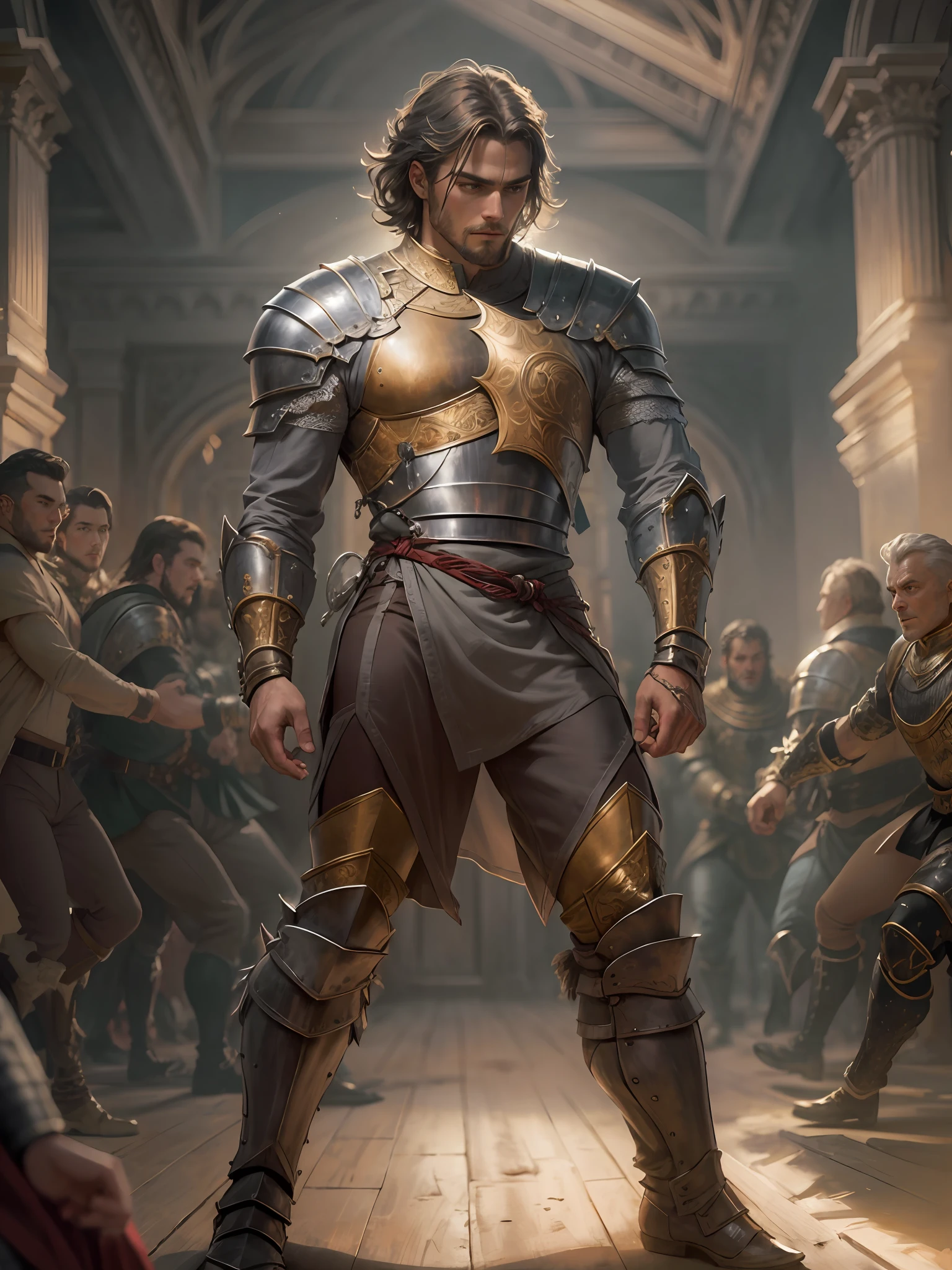 closeup of handsome knight in chainmail shirt, wrestling enemy, close in, dynamic pose, in opulent saxon hall, frightened lords and ladys in blurry background