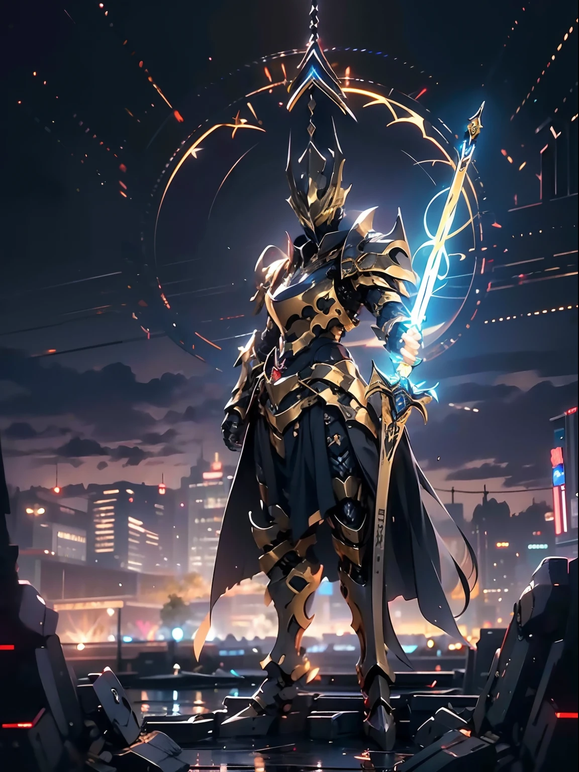 ultra wide shot, full body shot, (masterpiece, best quality), A paladin holding a light infused sword, light magic, divine, magewave, silver and gold, 4k, dark cityscape, Fujifilm, Beautiful detail background, Ultra detailed, Great composition, movie lights
