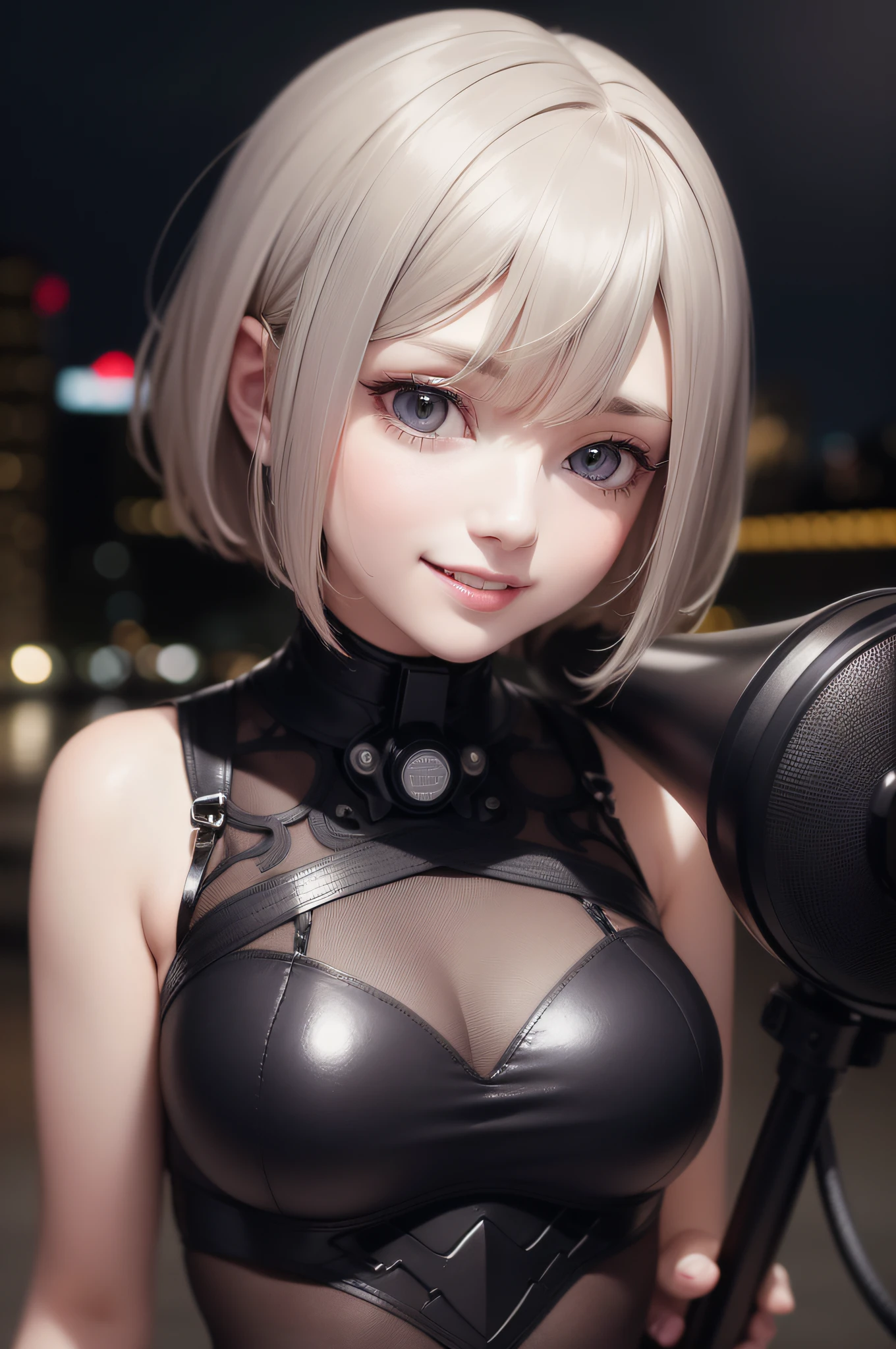 Smiling Woman, masuter piece, Best Quality, Raw photo, Short hair, Light gray eyes, Eyes and faces with detailed, Bust Shot Portrait, Cinematic lighting, Brim lighting, ( Dark, Night, A city scape, Blurred background), Bokeh, deepshadow, lowkey, Megaphone Speaker