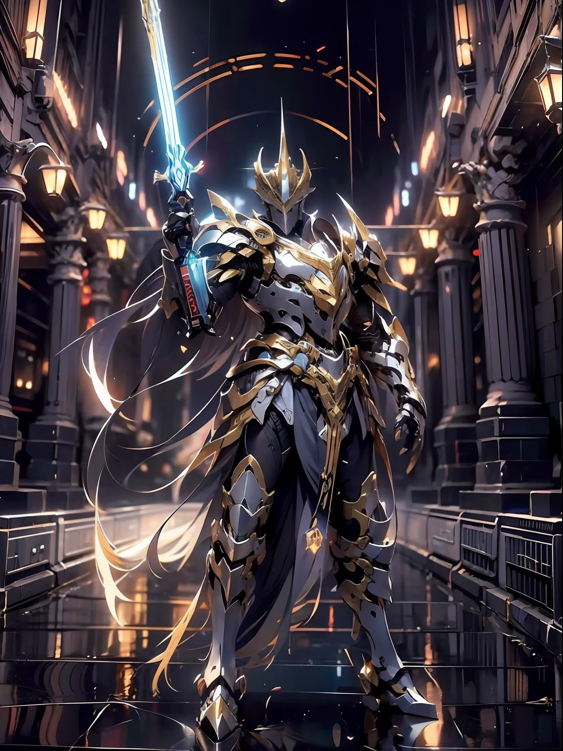 ultra wide shot, full body shot, (masterpiece, best quality), A paladin holding a light infused sword, light magic, divine, magewave, silver and gold, 4k, dark cityscape, Fujifilm, Beautiful detail background, Ultra detailed, Great composition, movie lights