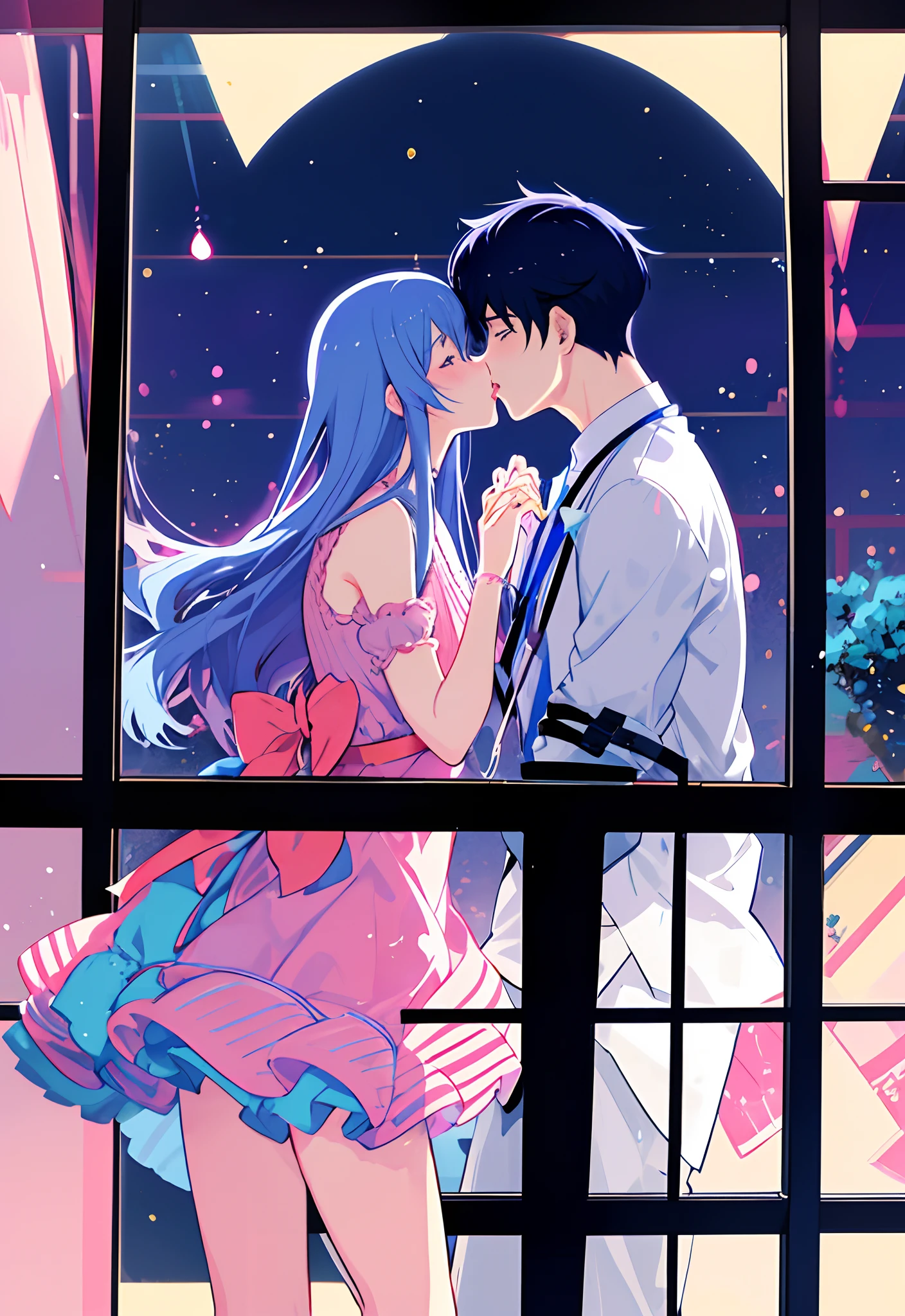 Anime couple kissing in front of window in city lights, Two anime handsome men, kissing together cutely, Yaoi, sakimichan and frank franzzeta, nick silva and ilya kuvshinov, official fan art, nixeu and sakimichan, frank franzzeta and sakimichan, Cute boys, queers, Boys Love