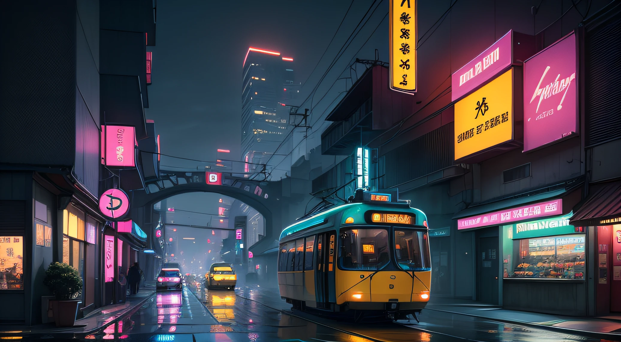 ((masterpiece)),((best quality)),((high detial)),((realistic,)) Bridges, rainy Night, Neon, japan architecture flying transports, futuristic tram , Neo Tokyo futurisctic city future, cyberpunk 2077, neon fog, traditional architecture, blade runner 2049, science fiction art, futuristic city