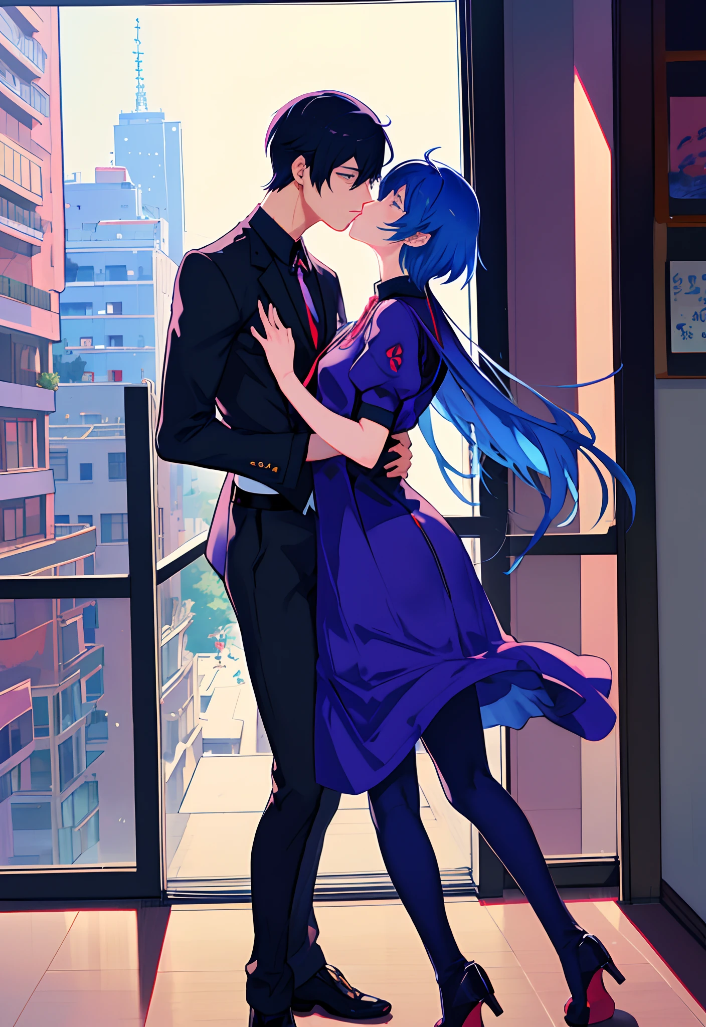 Anime couple kissing in front of window in city lights, Two anime handsome men, kissing together cutely, Yaoi, sakimichan and frank franzzeta, nick silva and ilya kuvshinov, official fan art, nixeu and sakimichan, frank franzzeta and sakimichan, e boys, queers, Boys Love