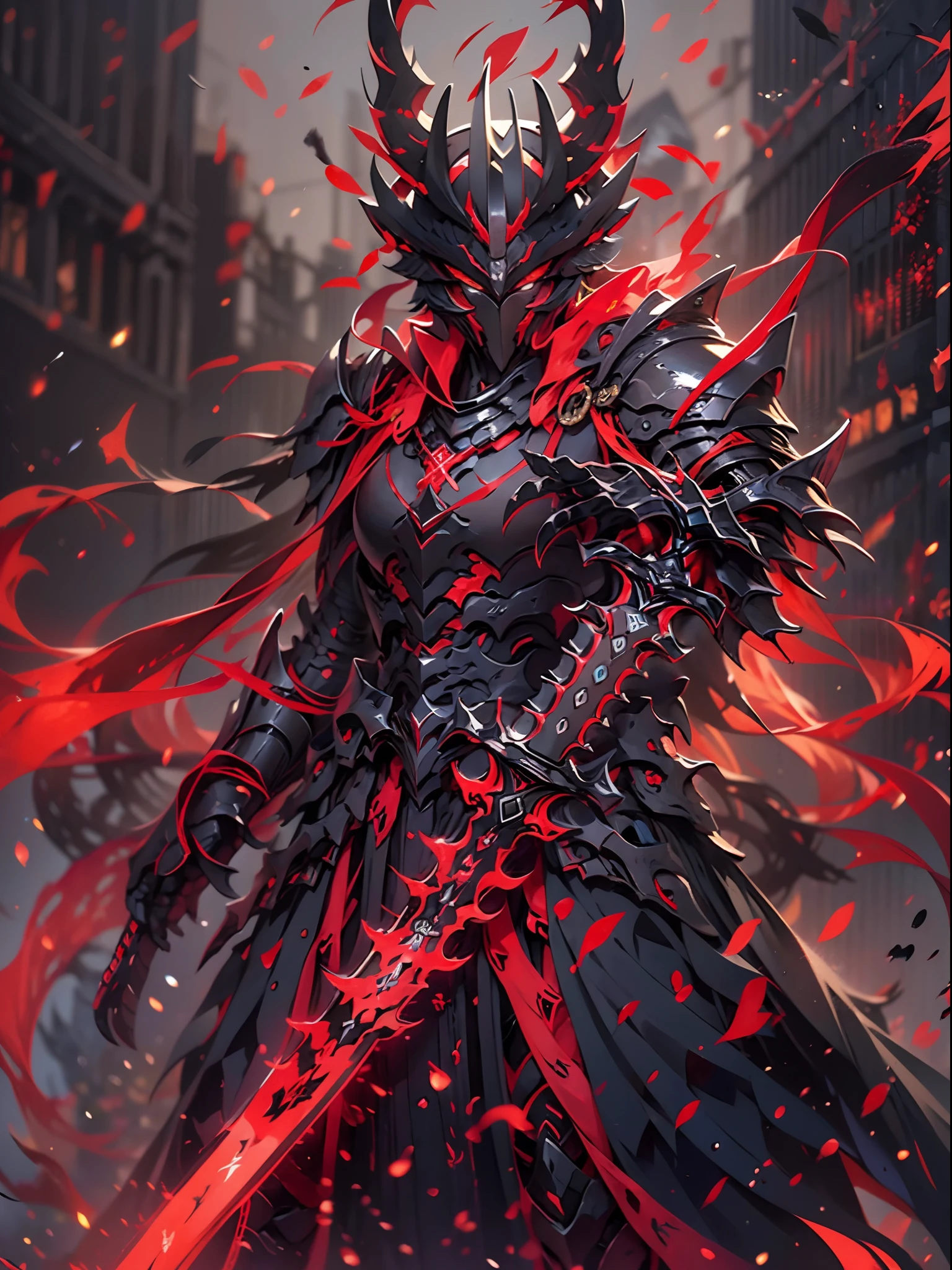 a close up of a person holding a sword and a red light, ruler of inferno, beautiful male god of death, black fire color reflected armor, demon samurai warrior, demon samurai, keqing from genshin impact, king of time reaper, ares with heavy armor and sword, lord of cinder, red demon armor, black and red armor, blood red armor