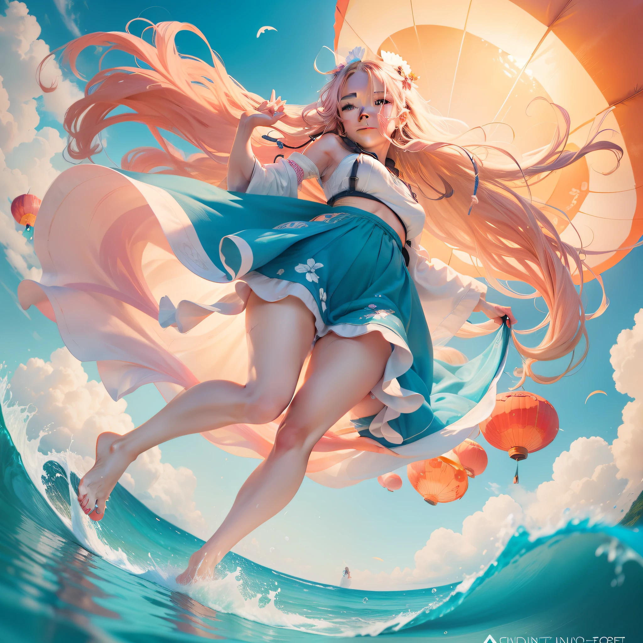 long shot of cute lady, looking at the camera viewed from below, with wavy long blonde hair, parachuting down holding a giant Chinese lantern floating down form a sunny summer day sky to watch the pink sunset, as she lightly touches down in the shallow clear blue foamy surf of an otherwise alien seashore, showing the sandy beach, and toes in the sand and surf, 28k resolution hyper-detailed, photorealistic Kurosawa.