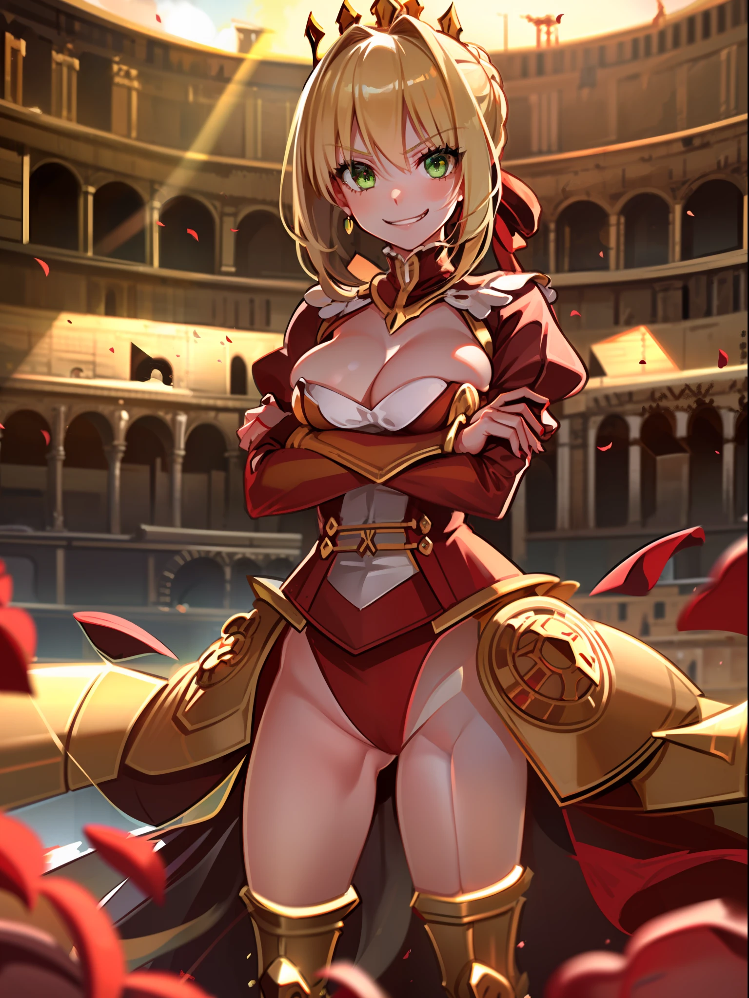 1girl,solo, blonde hair, green eyes,large breasts, Default, NeroOriginalOutfit,crown, standing,grin, crossed arms, rome, colosseum, rose petals, cowboy shot,sunlight