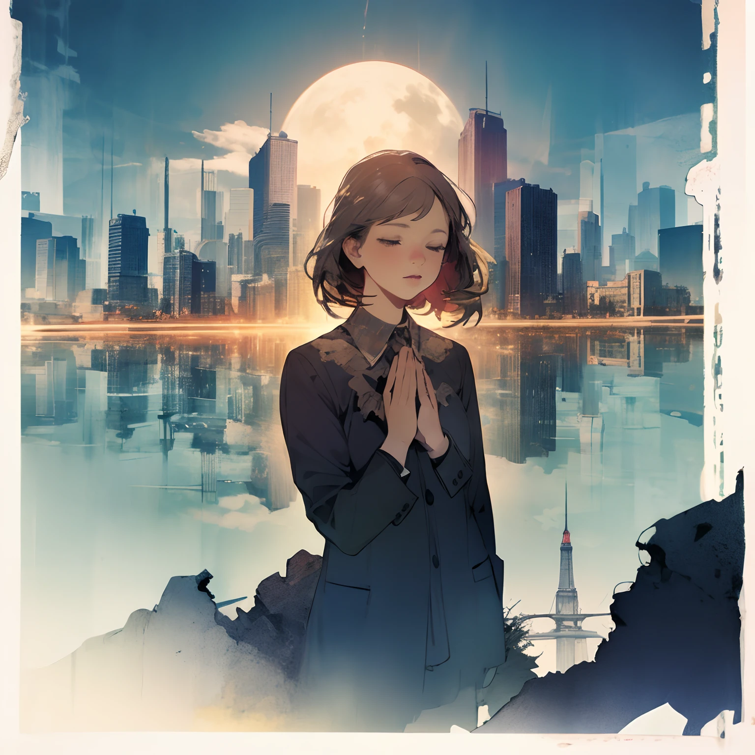 a praying girl, city in ruins, double exposure