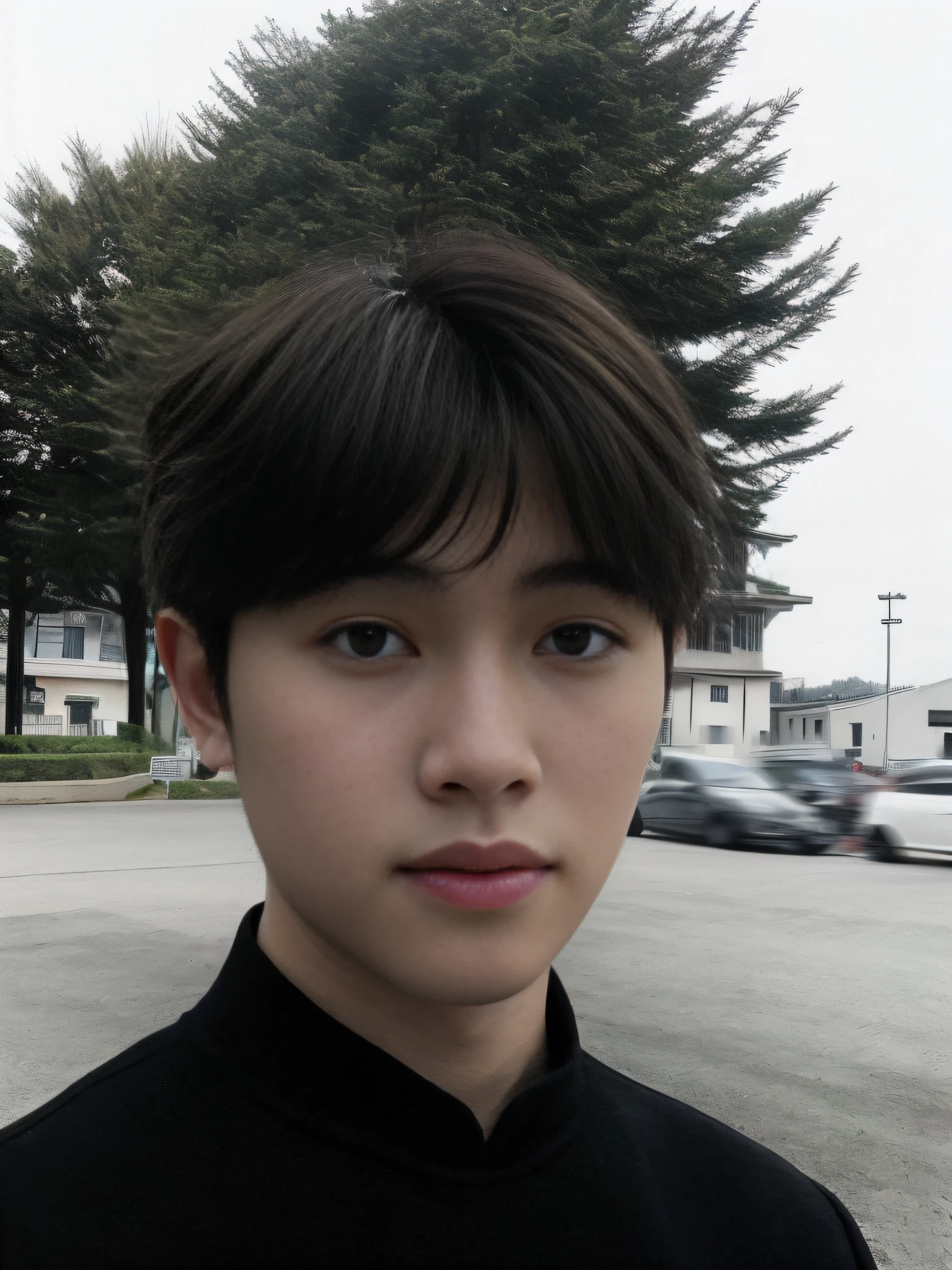 In the middle of the street stood a young man,Correct body proportions,natural lightting,exteriors,The upper body is wearing a plain white shirt