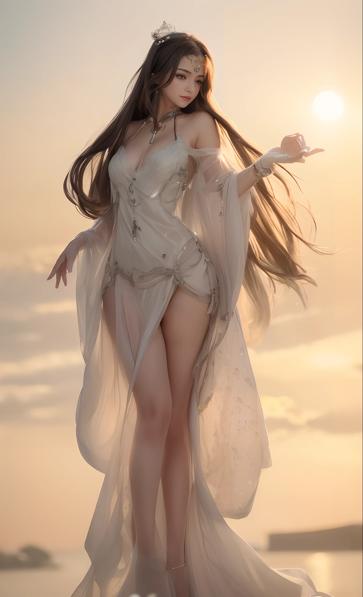 (RAW photo:1.2), (Photorealistic:1.4),(Masterpiece:1.3),(Best quality:1.4), Dreamlike, (Detailed eyes),(Detailed facial features), (detailed clothes features), skin tight, (Shiny skin),(slender girl),(Slim girl), 1girll,Solo, Cute, Innocent, smlie, VirtualGirl-Aim, (Medium breasts), bangs, Straight hair, Long hair, Black hair, Black eyes, a crystal pendant, Long dress, (Floating hair:1.6), (pastures), (Horses in the distance), (Sunset), (prime time:1.6), (Backlight:1.2), (Natural sunlight from behind:1.4)