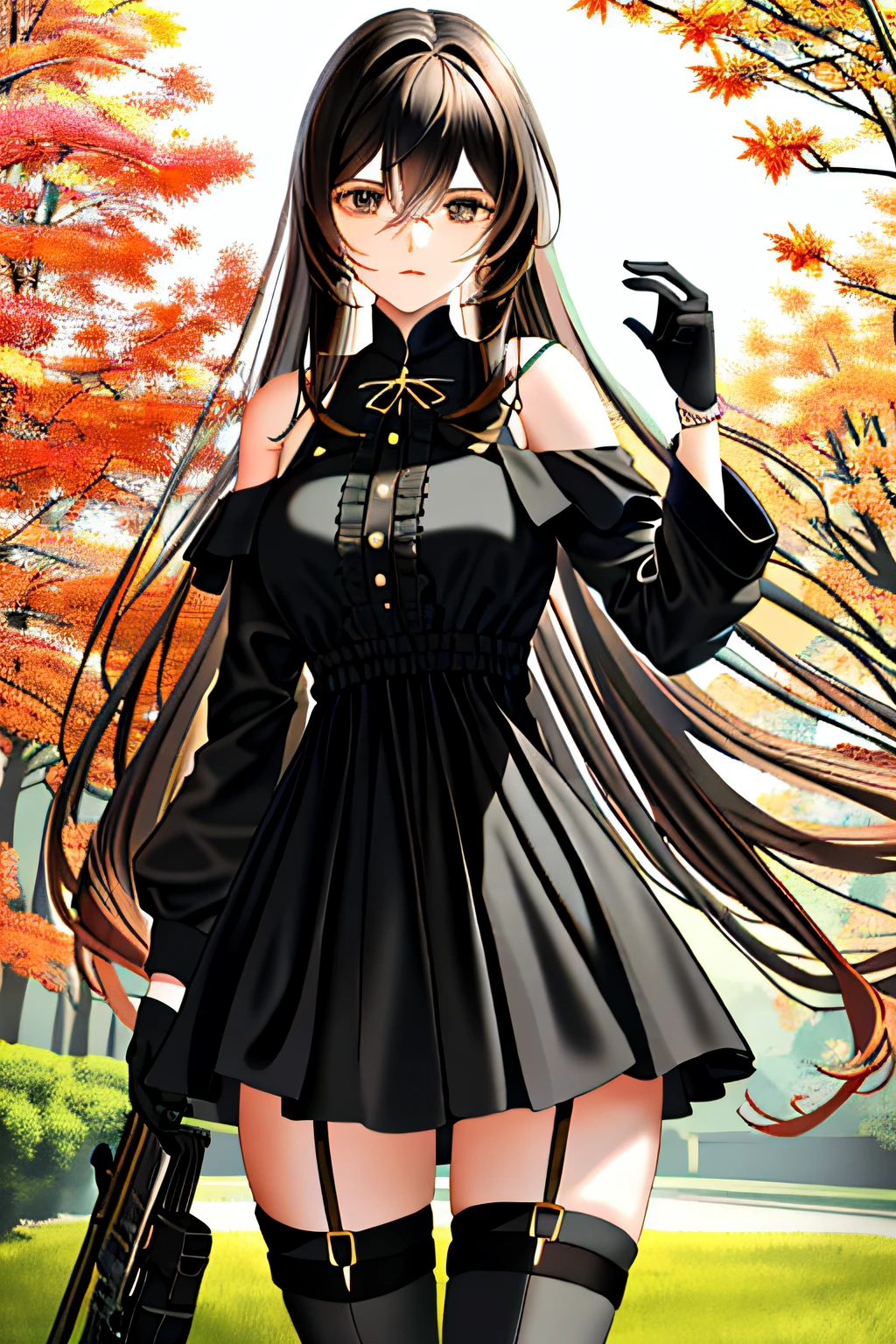 Outdoors,Maplewood,(Masterpiece, Top quality, Best quality, offcial art, Beautiful and aesthetic:1.2), (1girll:1.3), (delicate leg:1.3),((Masterpiece, Best quality,Photorealistic,)),(Magazines:1.3), (Beautiful dress:1.3),Fashionab,femele,full bodyesbian,Solo,Look at the maple leaf,cabellos largos dorados,shift dresses,Black gloves, Large breasts, Long hair, jewelry, Black stockings,Black over-the-knee boots, ,shades,STG44(Girl front)