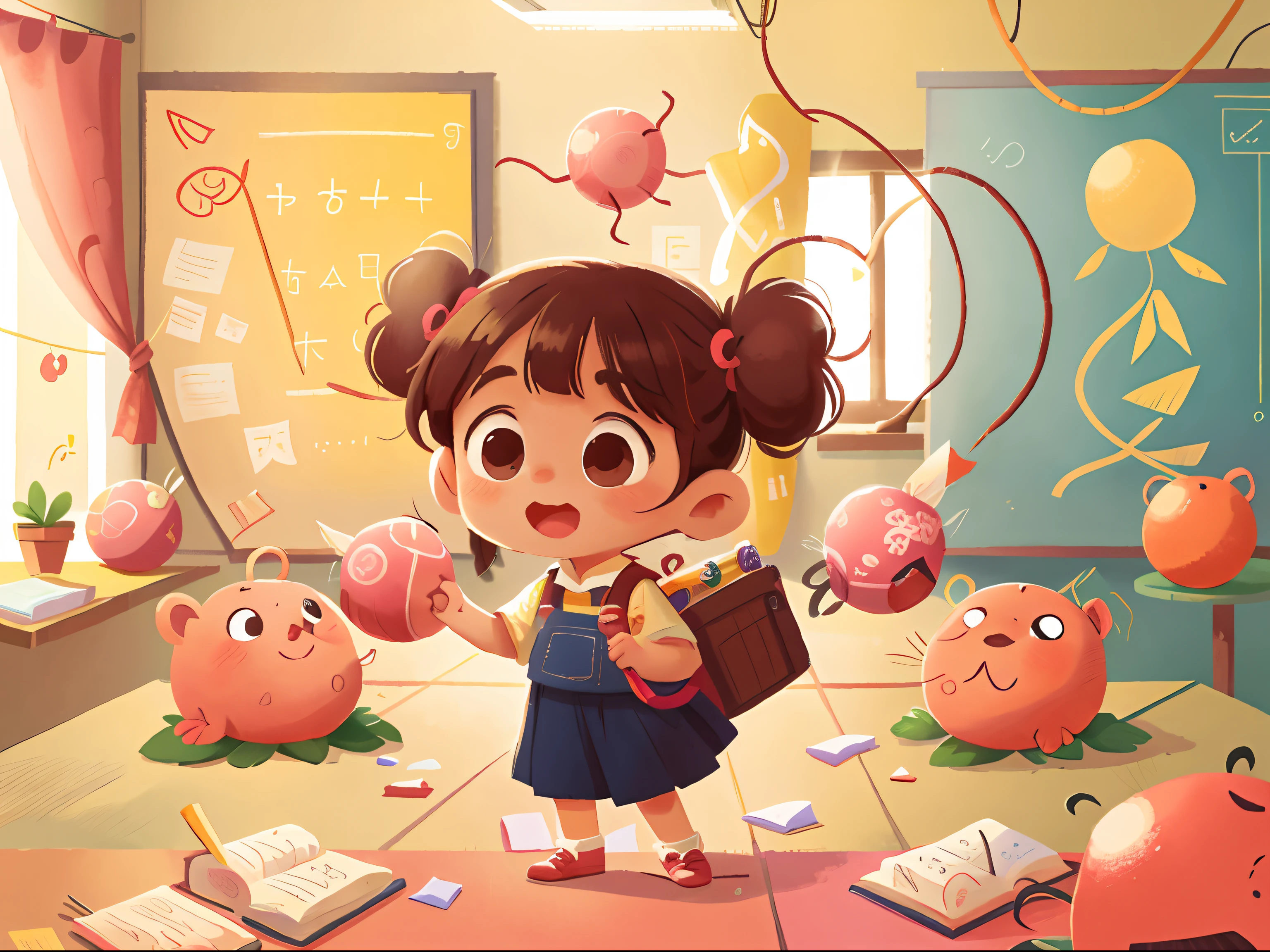 A cute girl,Stand in the middle of the classroom,The girl raised a hand,Throw the ball,cheerfulness,The classroom was empty,No desk,No chairs,There is no blackboard