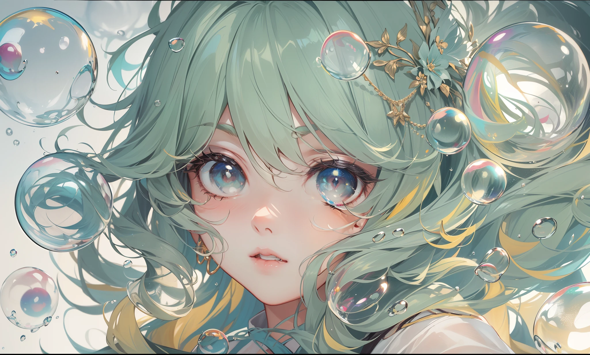 (masterpiece, top quality, best quality, official art, beautiful and aesthetic:1.2), extreme detailed, colorful,highest detailed, clean facial features, upper body, (detailed light), (an extremely delicate and beautiful), a girl, cute & girly, upper body, two legs, sexy clothes inspired by clear bubbles, (beautiful detailed eyes), stars in the eyes, (((lots_of_big_colorful_Bubble))), Iridescence, depth of field, bubbles around,