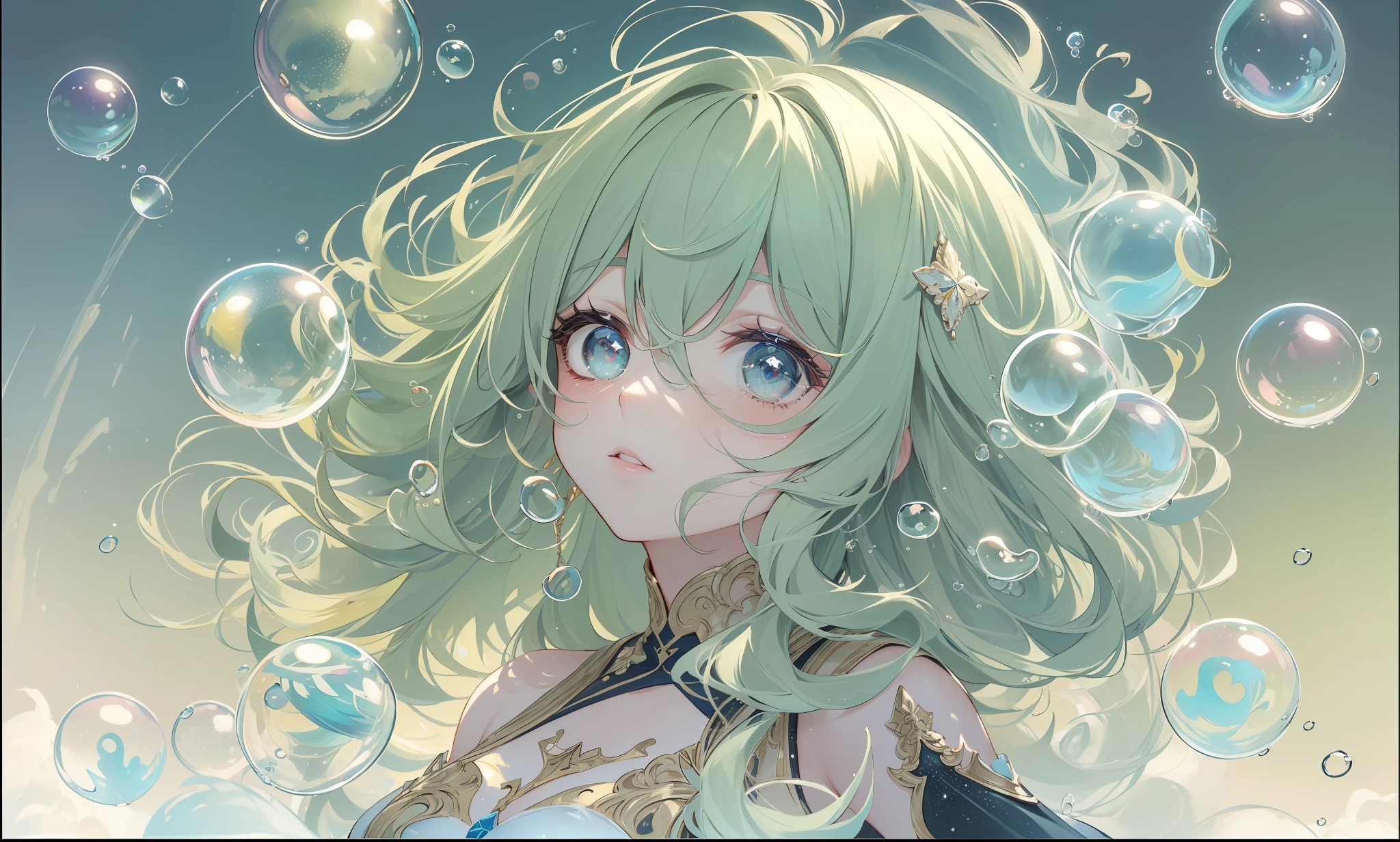 (masterpiece, top quality, best quality, official art, beautiful and aesthetic:1.2), extreme detailed, colorful,highest detailed, clean facial features, upper body, (detailed light), (an extremely delicate and beautiful), a girl, cute & girly, upper body, two legs, sexy clothes inspired by clear bubbles, (beautiful detailed eyes), stars in the eyes, (((lots_of_big_colorful_Bubble))), Iridescence, depth of field, bubbles around,
