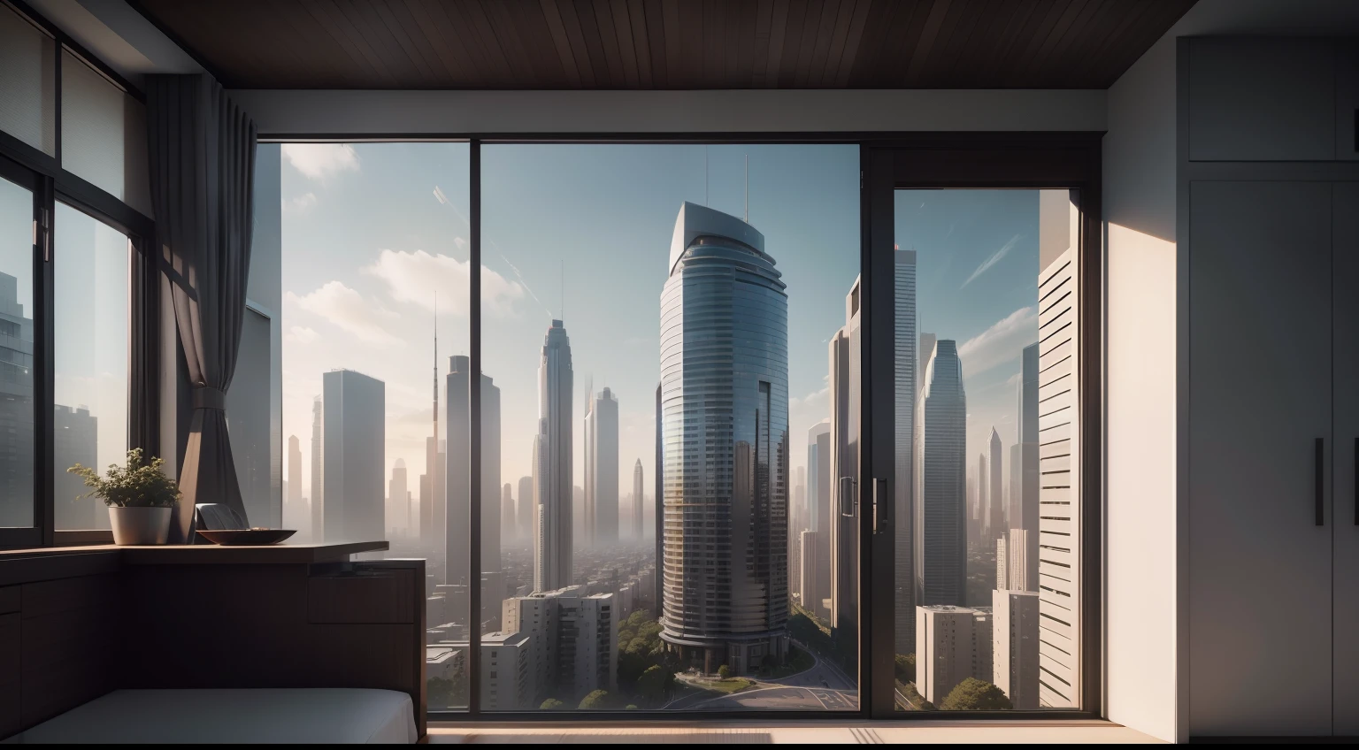 modernist residential building, wood and glass exterior, future design, cutting-edge technology, architecture in year 2050, very detailed, ultra detailed, future city, city image, photo taken from ground floor showing the whole city, 8k visual, future city development