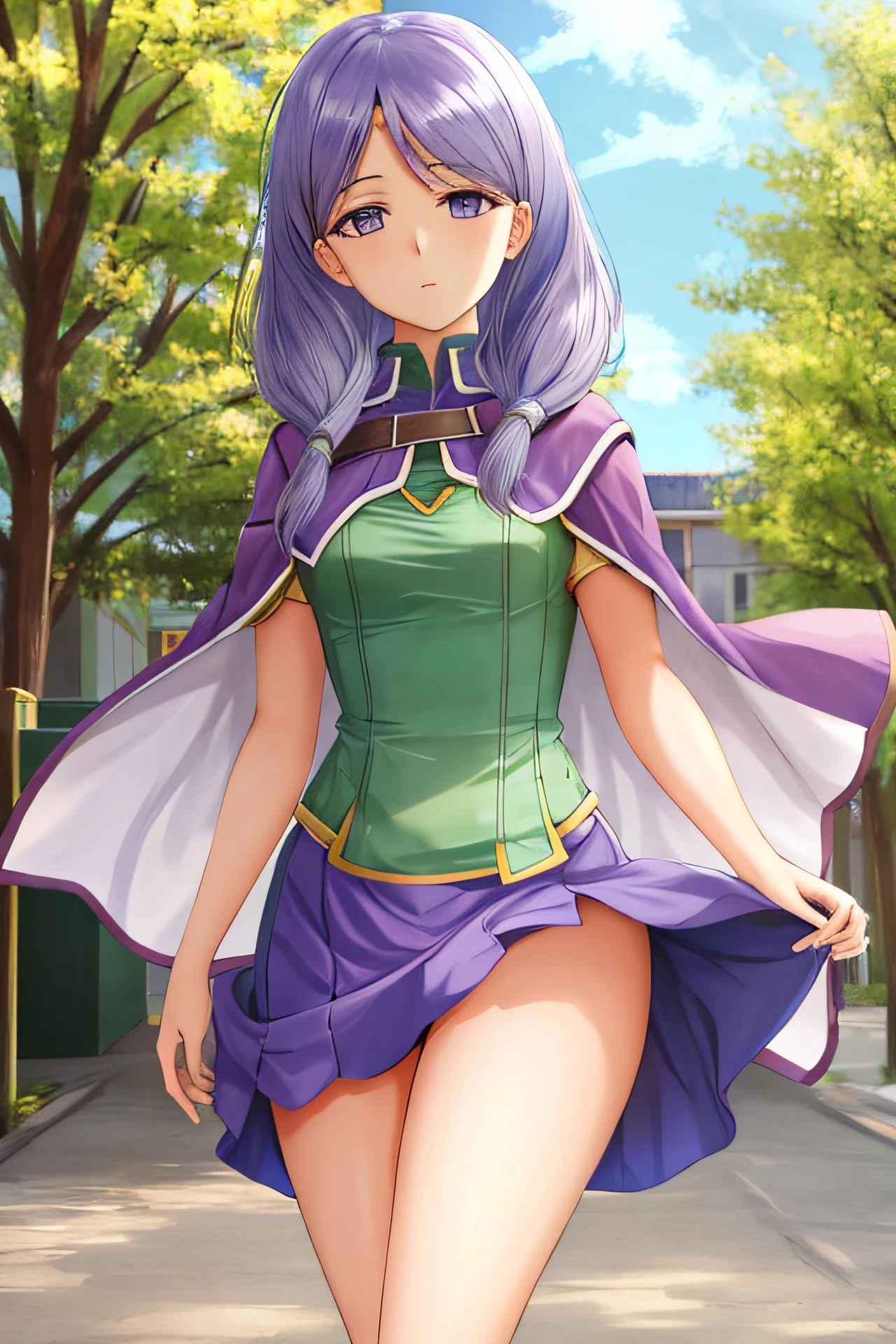 ilyana fe, 1girl, solo, looking at viewer, expressionless, green shirt, purple skirt, microskirt, cape, no panties, wind lift, , public indecency,