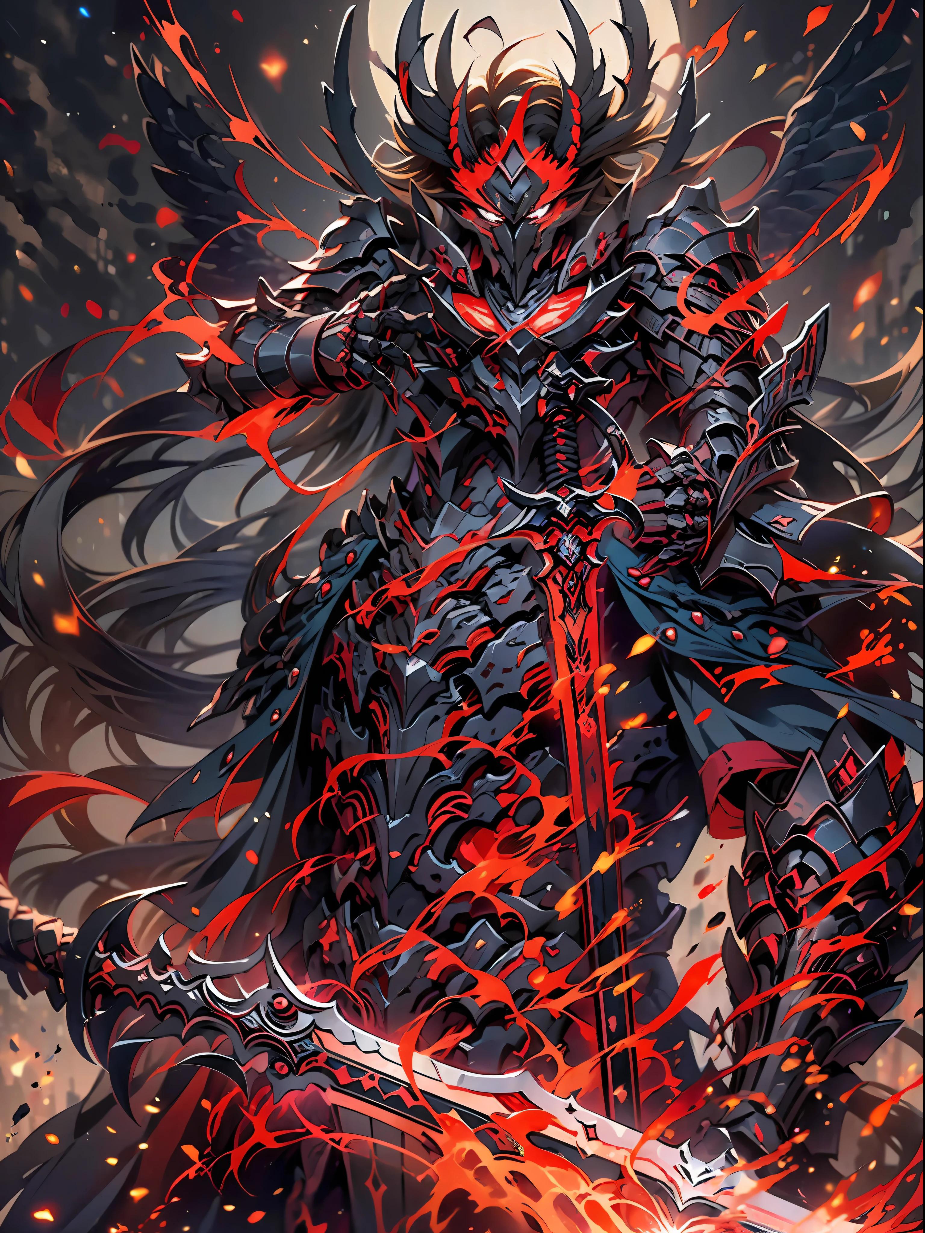 a close up of a person holding a sword and a red light, ruler of inferno, beautiful male god of death, black fire color reflected armor, demon samurai warrior, demon samurai, keqing from genshin impact, king of time reaper, ares with heavy armor and sword, lord of cinder, red demon armor, black and red armor, blood red armor