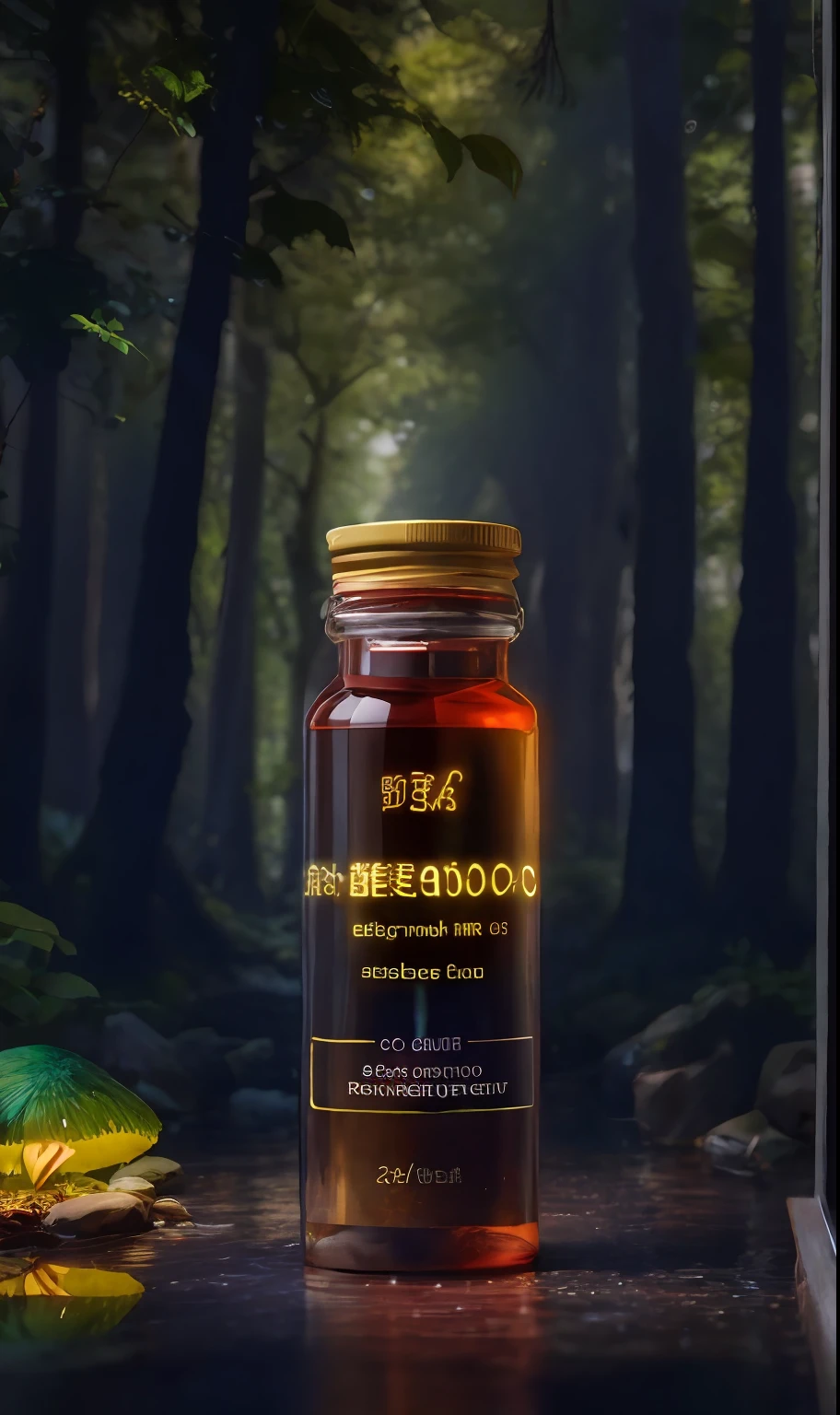 Product photo, close-up product photo, professional product shot, high quality topical render, A bottled product,tmasterpiece,Best quality at best,Extremely beautiful reflection,The best reflections。(Very detailed CG unity 8k wallpaper),(Best quality at best),(The best illustrations),(The best shadow),Forest theme with natural elements。Tall trees,quiet streams,Glowing small mushrooms,surrounded by exquisite leaves and branches,There are also fireflies and glowing particle effects,,(nature elements),(Jungle theme),(foliage),(tree branch),(glowworm),butterflys,(exquisite leaves),(with light glowing),(particle effect)。 , isometric 3D, Octane rendering, Ray traching, ultra-detailliert