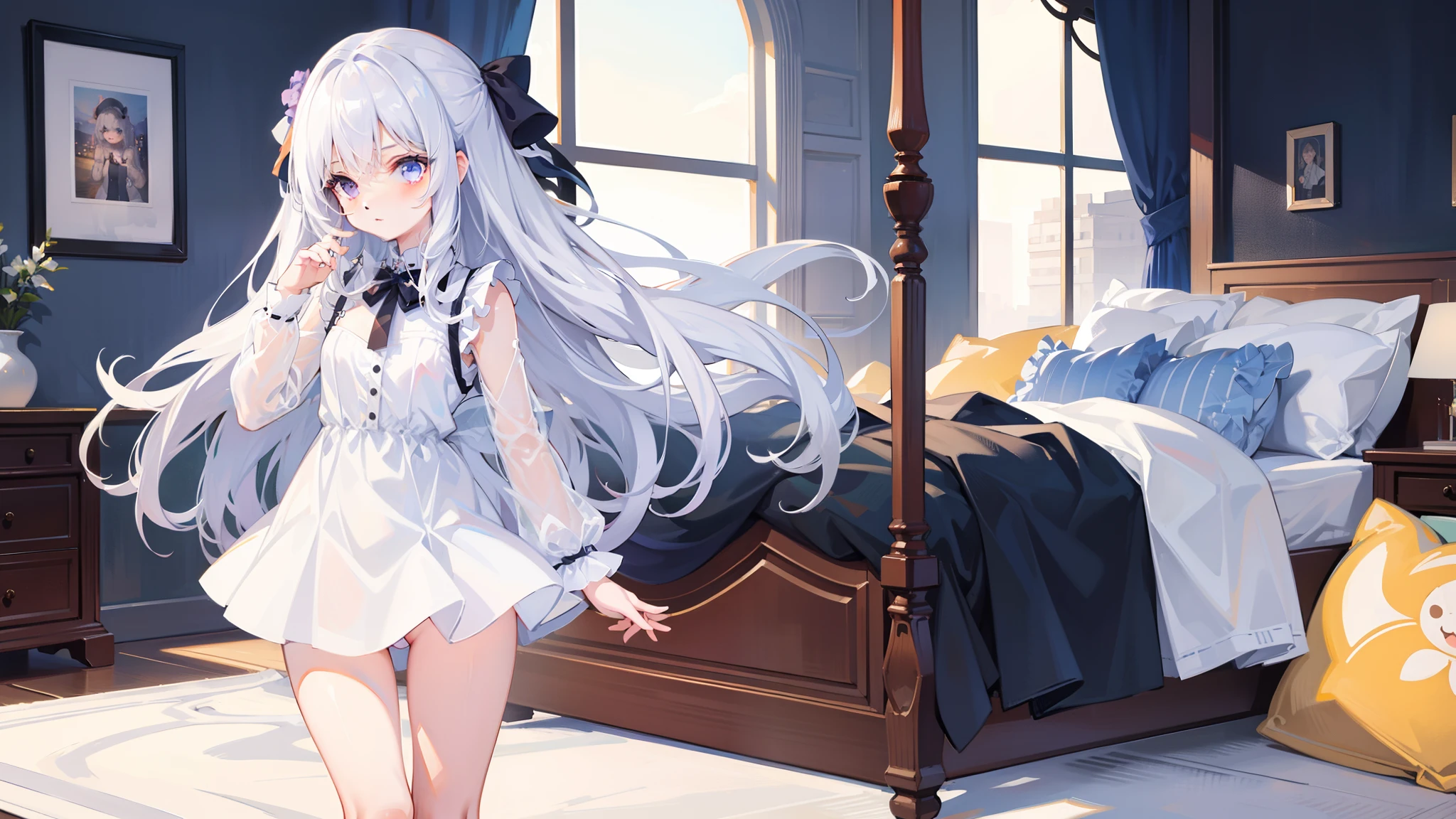 A cute white-haired loli，Wear only transparent underwear，stood on the bed