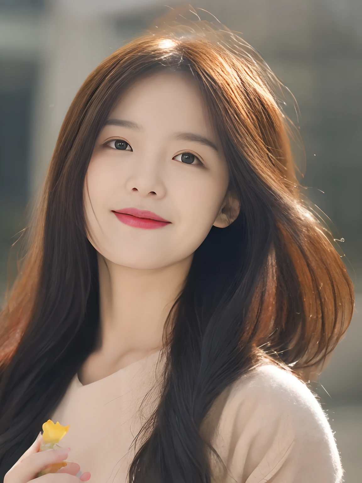 Kizi, cabelos preto e longos, ssmile, full bodyesbian, Slim Faces, Beautiful woman, Long dress, Super detailed face, Detailed eyes, 二重まぶた, Holding a red rose in his hand。