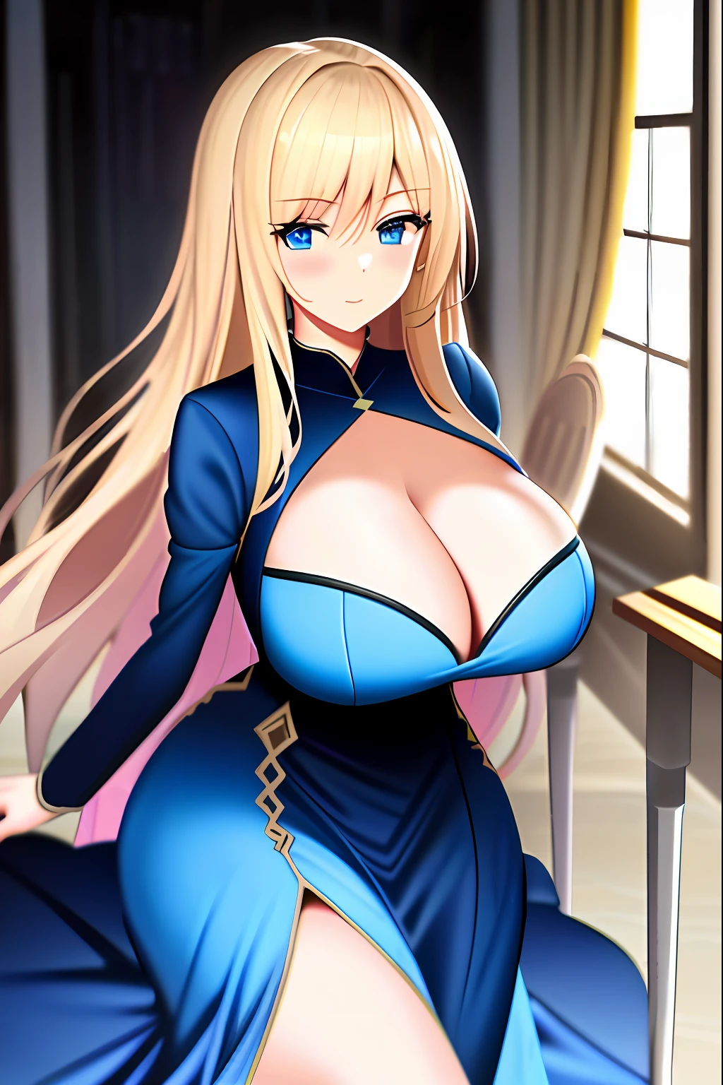 1 Blonde girl， a mature female， Best quality at best， （：0.2）， （gigantic cleavage breasts：1.0），Blue dress maxi dress，Pink rain，Verism, cubismo, Realism