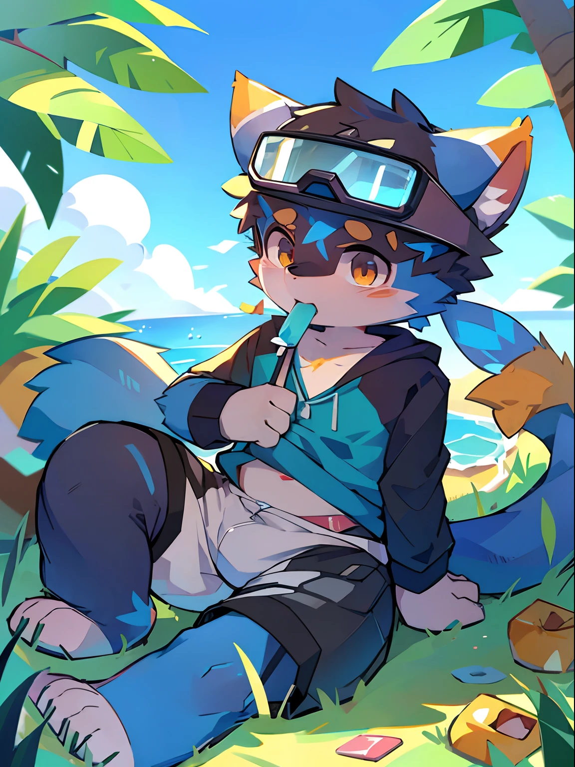 author:Jrjresq, author:Kirito, mammal, Furry, Male, Solo, wears, visor, Lick popsicles, Summer,