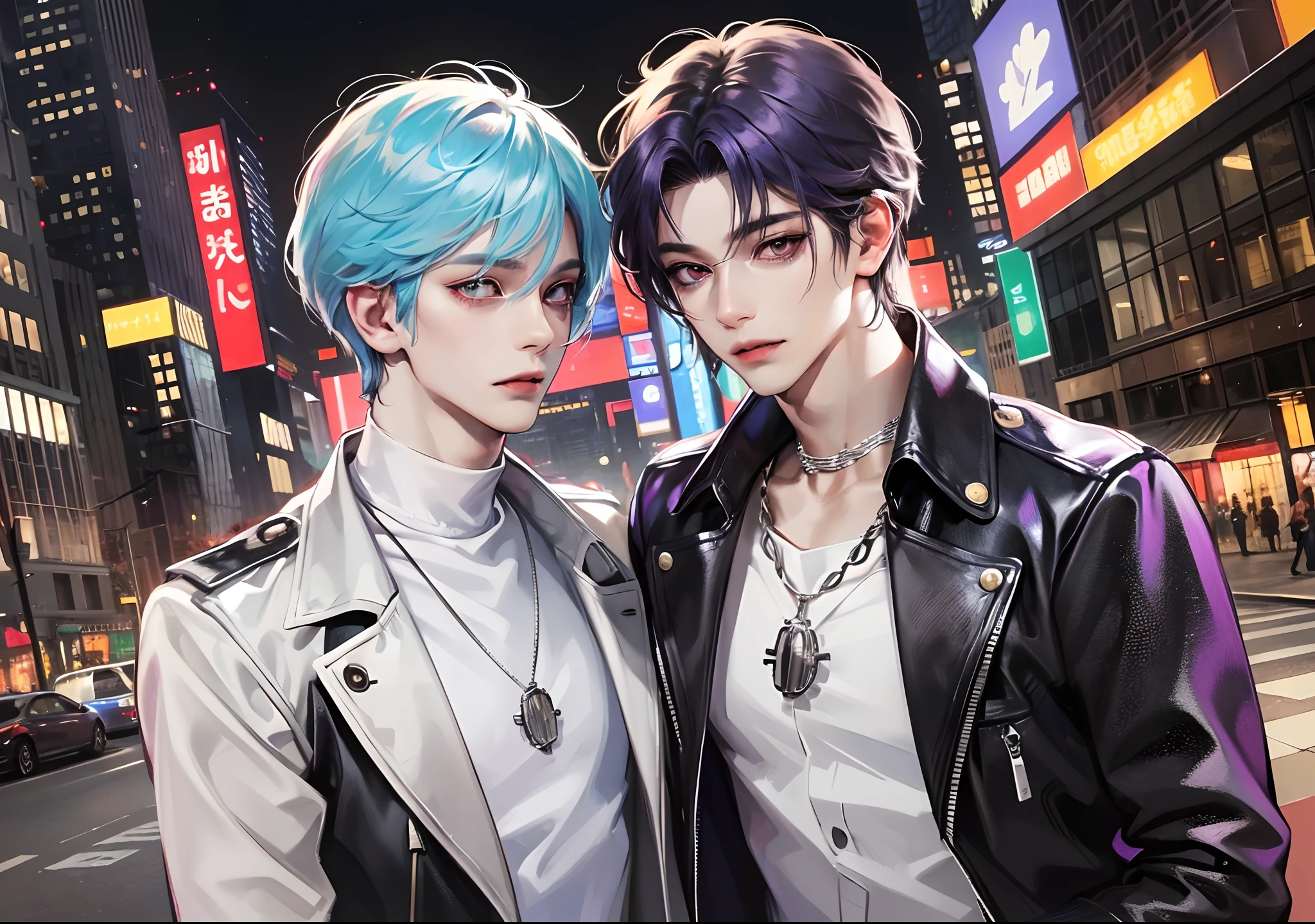 masterpiece, top-quality, 2Others, Male couple, 1 man and 1,, Adults, Height difference, different fashion, different color, finely eye and detailed face, intricate detailes, Casual clothing, Oversized shirt, Modern urban streets, A smile, Happiness, tenderness, queers, high-level image quality、 Two beautiful men、tall、The upper part of the body、nightfall、nighttime scene、𝓡𝓸𝓶𝓪𝓷𝓽𝓲𝓬、Korean Male, Idol Photos, k pop, Professional Photos, Vampires, Korean fashion in black and white, Fedoman with necklace, inspired by Sim Sa-jeong, androgynous vampire, :9 detailed face: 8, extra detailed face, detailed punk hair, ((eyes are brown)) baggy eyes, Seductive. Highly detailed, semi realistic anime, Vampires, hyperrealistic , delicate androgynous prince, imvu, short hair above the ears, Man with short hair, Purple-haired man with a glaring expression and a man with light blue hair with a gentle expression, With a short-haired man with bright purple hair, Man with light blue hair